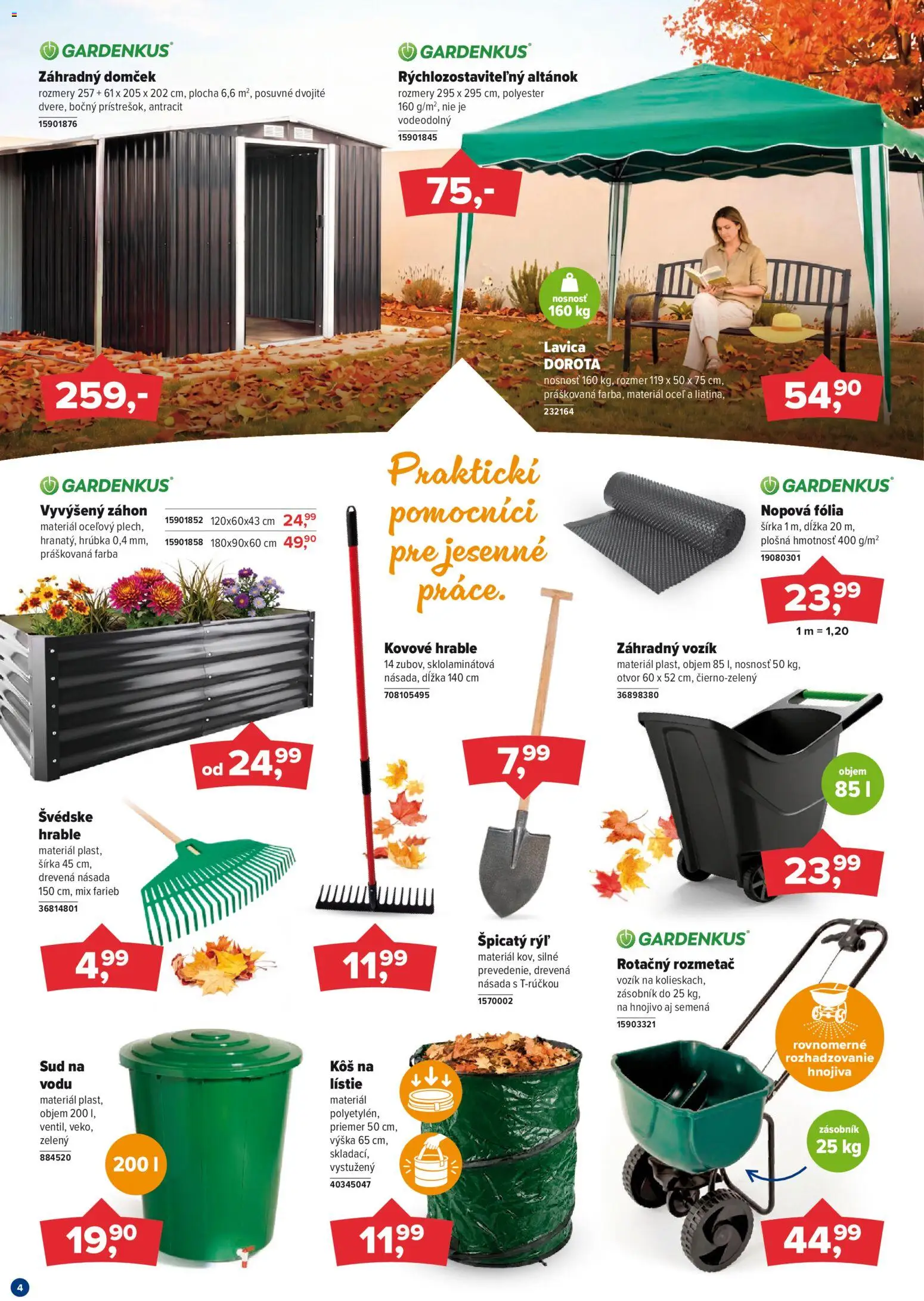 Nové Kinekus akcie – leták je platný od 01.09.2026 | Strana: 4 | Produkty: Záhradný domček, Altánok, Vyvýšený záhon, Lavica