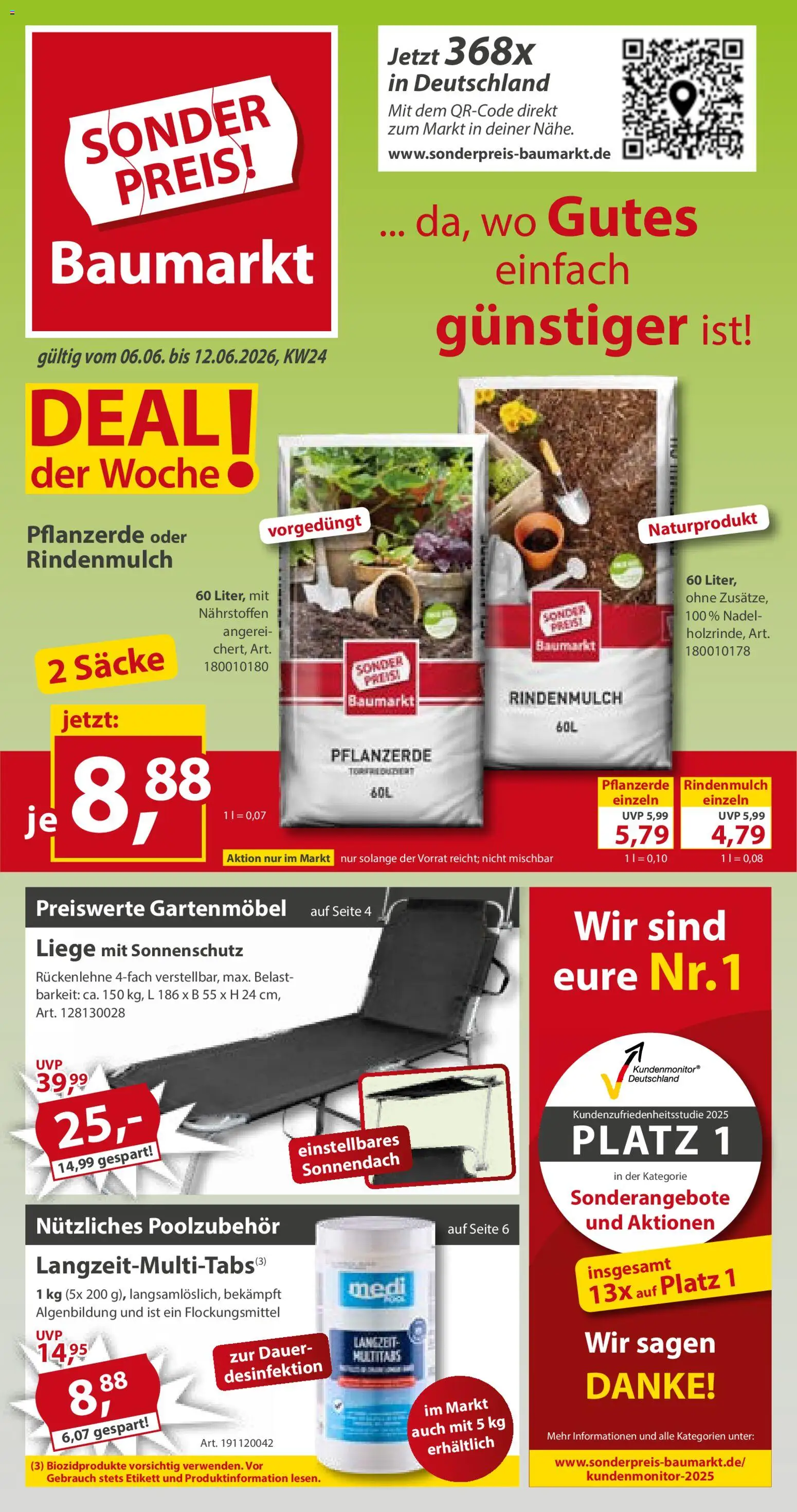 Sonderpreis Baumarkt Prospekt – gültig ab 06.06.2026 | Seite: 1 | Produkte: Rindenmulch, Pflanzerde, Liege, Gartenmöbel