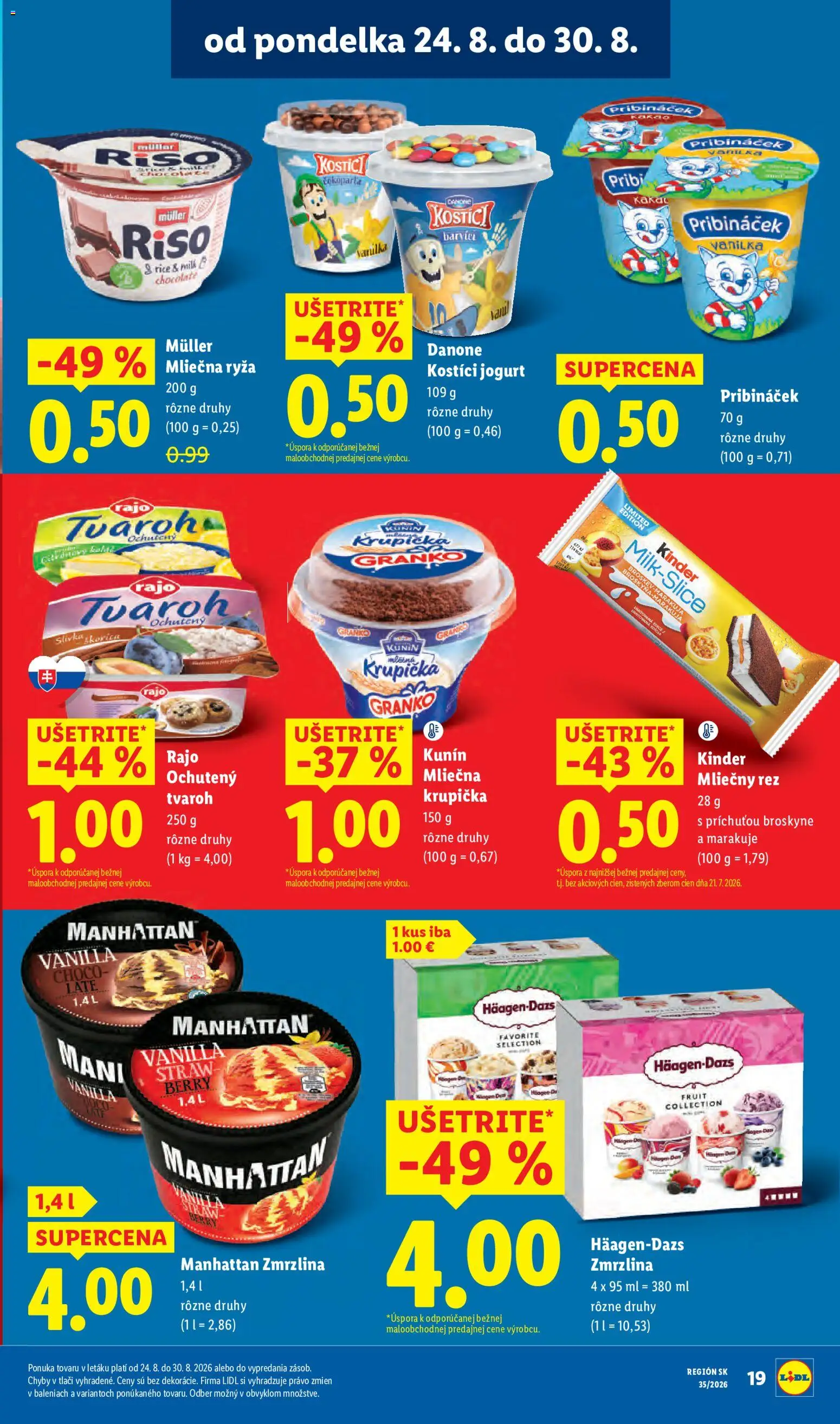 Nové Lidl akcie – leták je platný od 24.08.2026 | Strana: 31 | Produkty: Jogurt, Manhattan zmrzlina, Cream cheese, Tvaroh