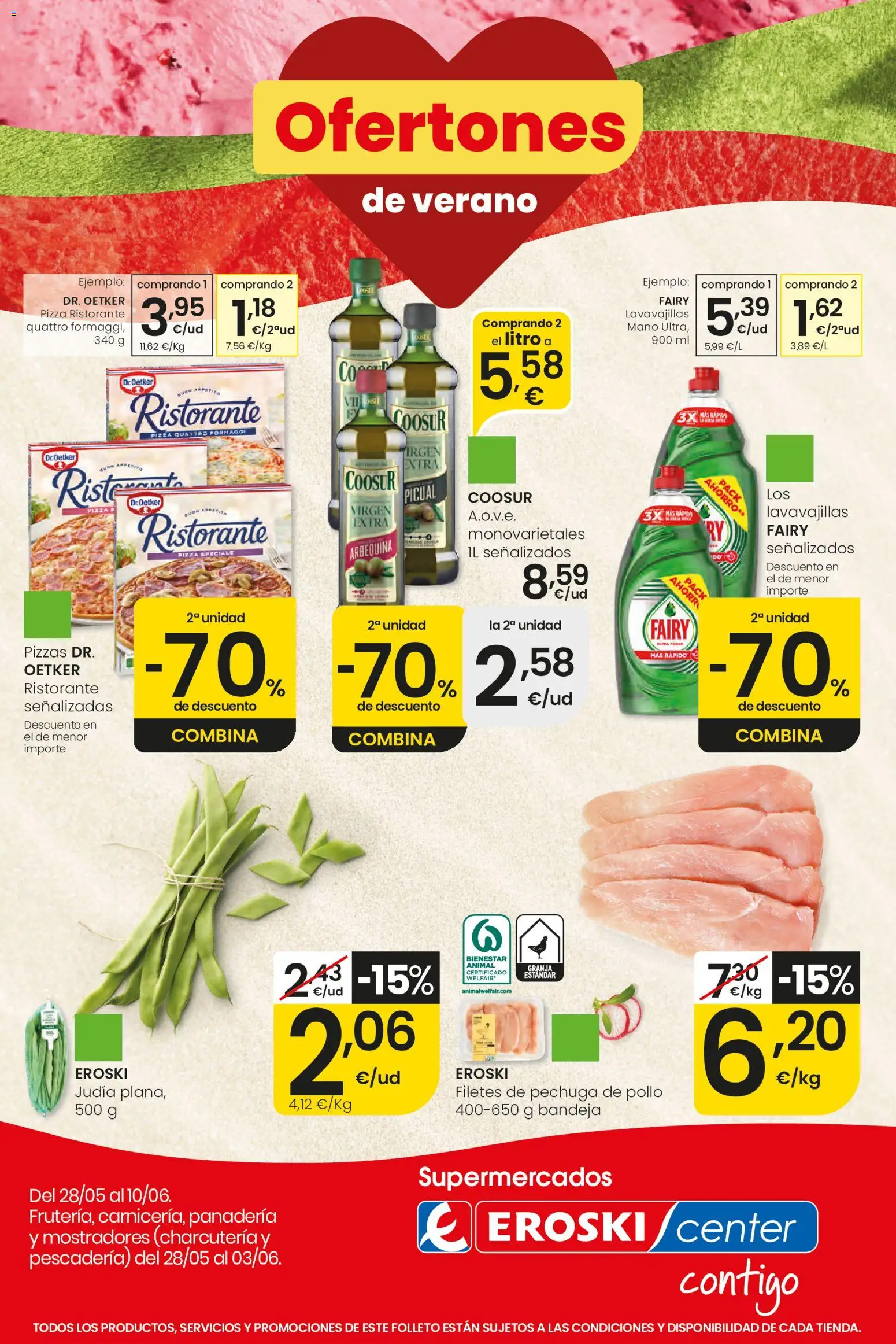 Eroski Ofertones de verano │ válido desde el 28.05.2026 | Página: 1 | Productos: Pizza, Lavavajillas, Panadería, Bandeja