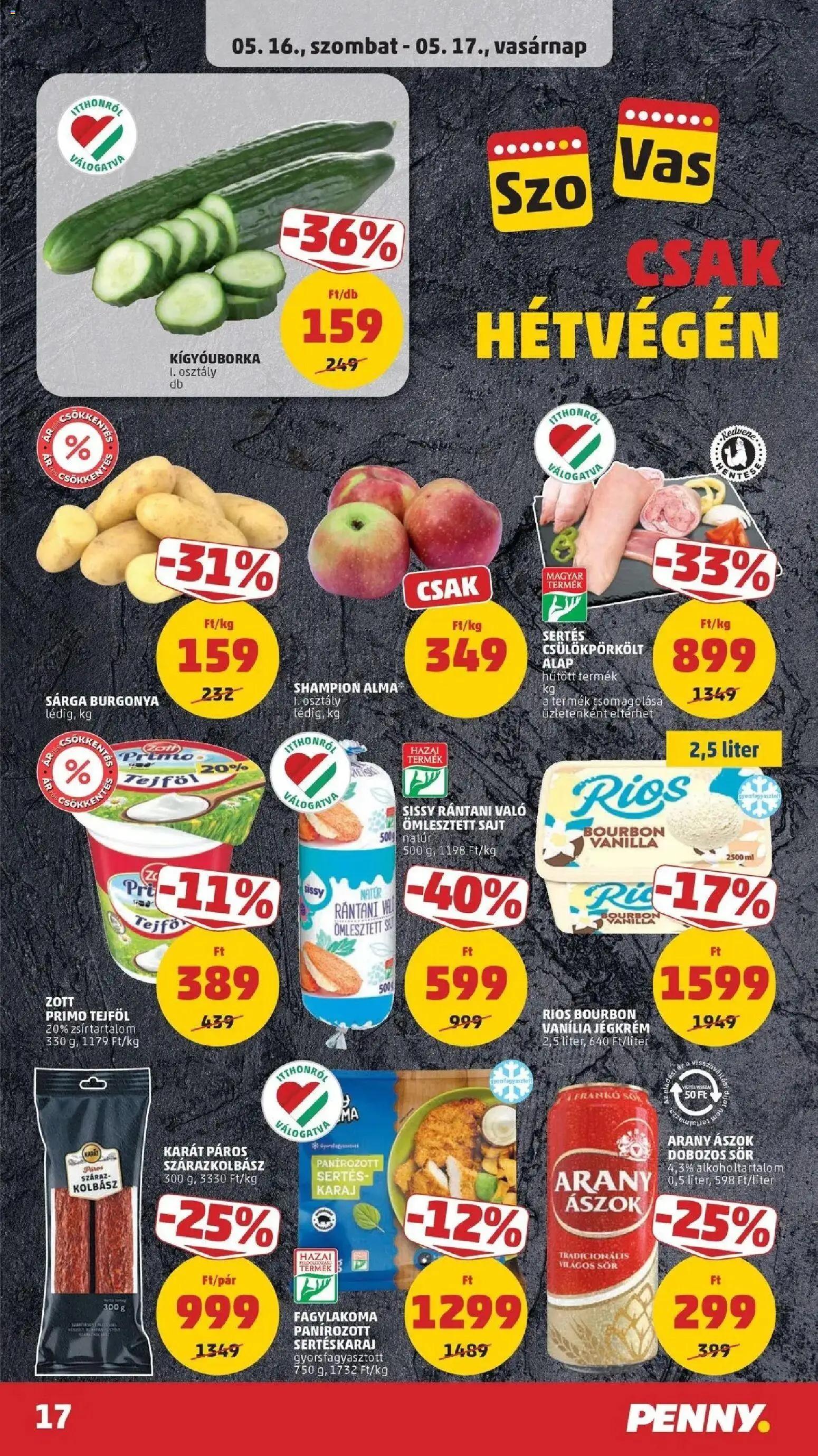 PENNY akciós ujság - amely érvényes a következő dátumtól: 14.05.2026 | Oldal: 17 | Termékek: Sertéskaraj, Sajt, Sör, Jégkrém