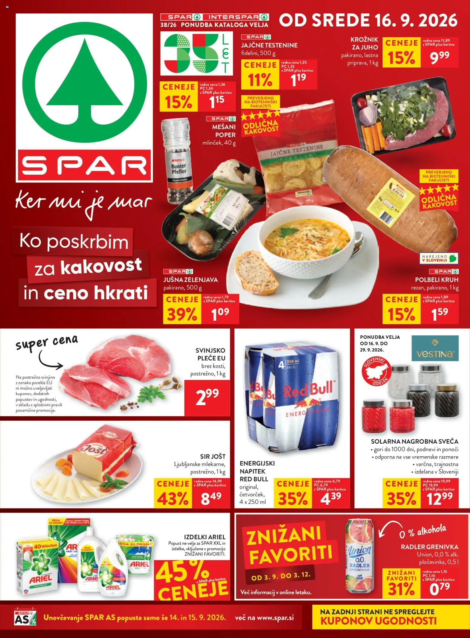 Novi Spar katalog ponudbe – veljaven od 16.09.2026 | Stran: 1 | Izdelki: Sir, Kruh, Testenine, Poper