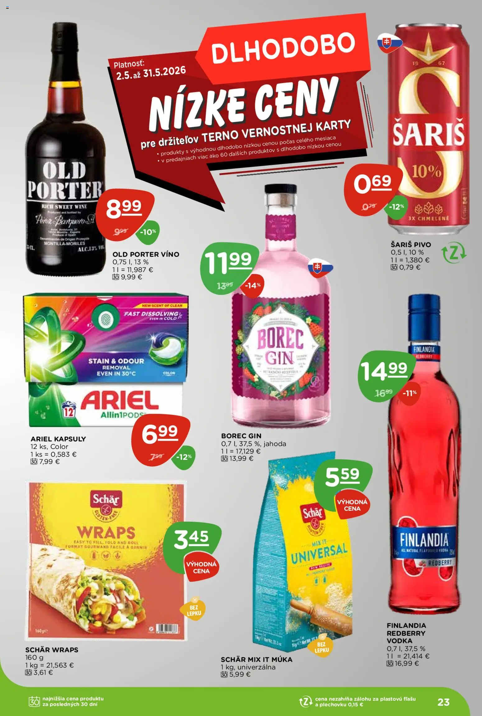 Nové Terno akcie – leták je platný od 28.05.2026 | Strana: 23 | Produkty: Víno, Gin, Ariel, Vodka