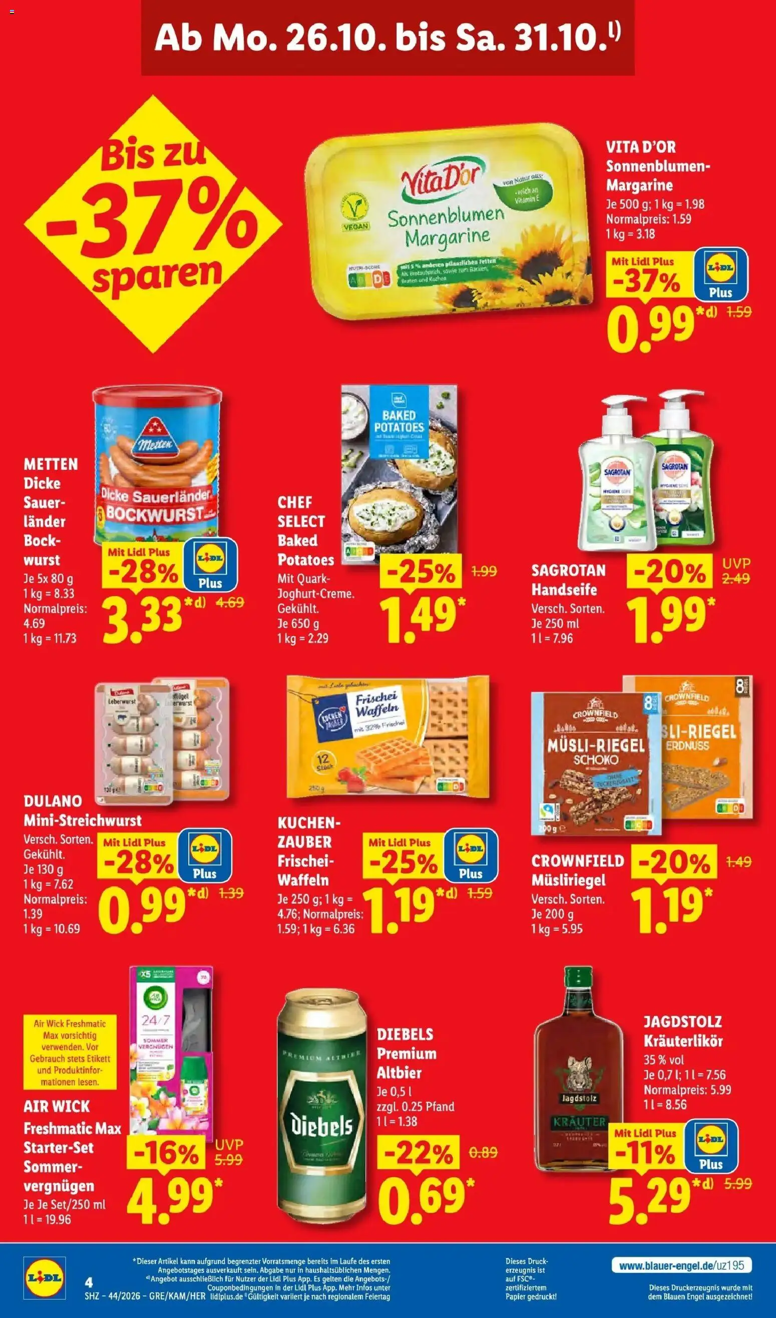 Lidl Prospekt Gelsenkirchen – gültig ab 26.10.2026 | Seite: 4 | Produkte: Dicke sauerlander bockwurst, Quark, Waffeln, Wurst