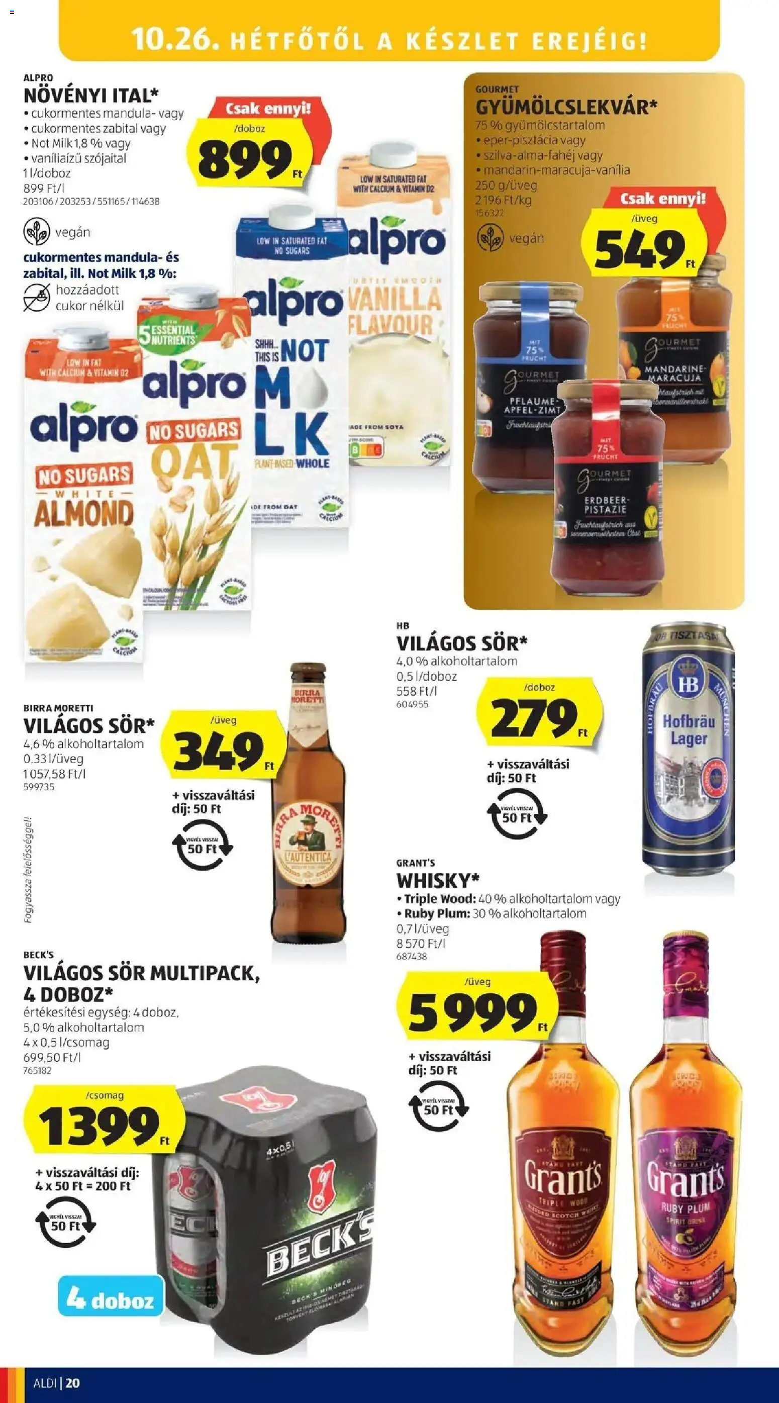Aldi akciós ujság - amely érvényes a következő dátumtól: 2026.10.17. | Oldal: 20 | Termékek: Mandula, Világos sör, Szójaital, Whisky