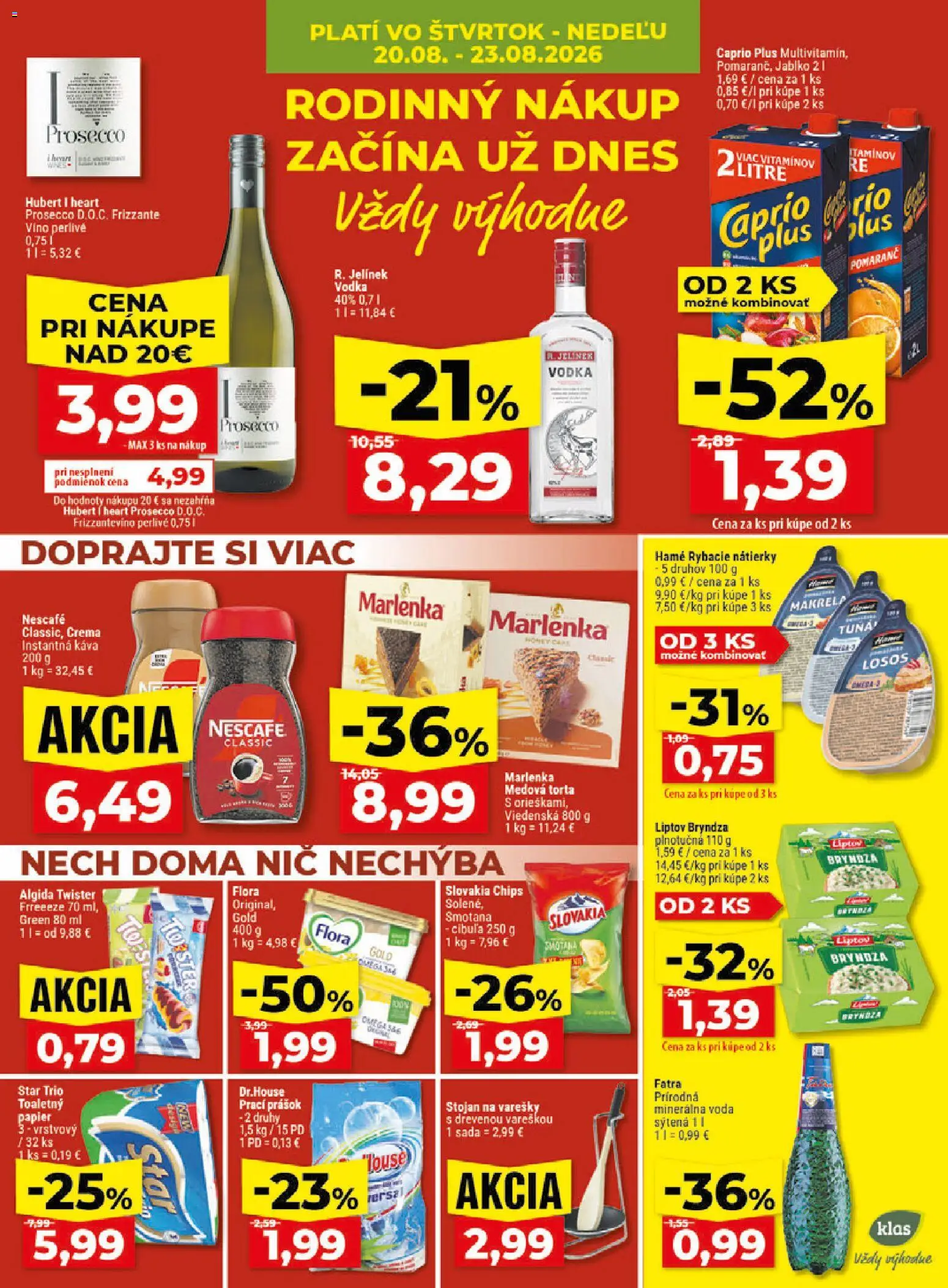Nové Klas akcie – leták je platný od 17.08.2026 | Strana: 26 | Produkty: Víno, Marlenka, Fatra, Flora