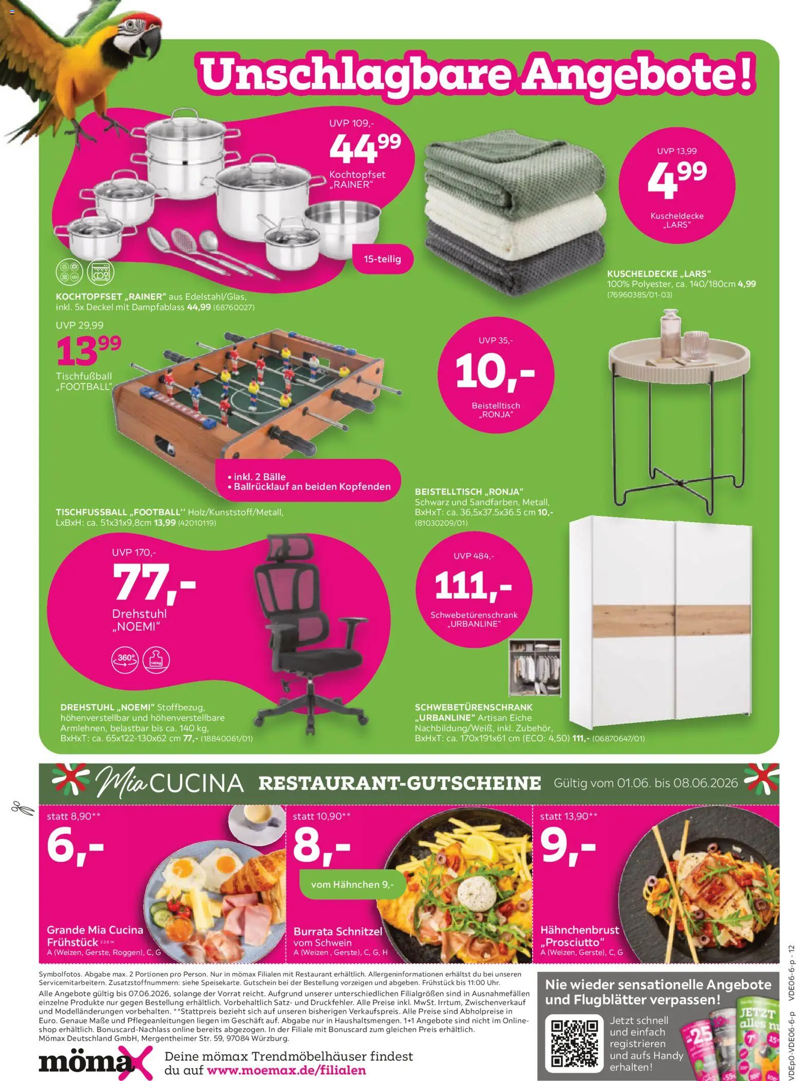 Mömax Prospekt – gültig ab 01.06.2026 | Seite: 12 | Produkte: Hahnchen, Beistelltisch, Schwebetürenschrank, Burrata
