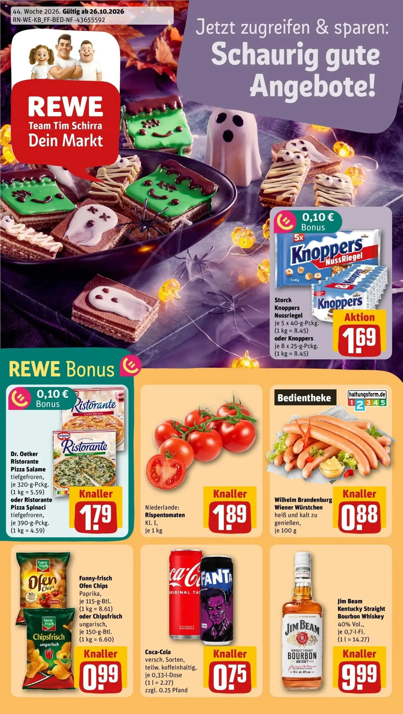 REWE Prospekt ab 26.10.2026 zum Blättern » Angebote | Seite: 1 | Produkte: Wiener wurstchen, Funny frisch, Chips, Whiskey