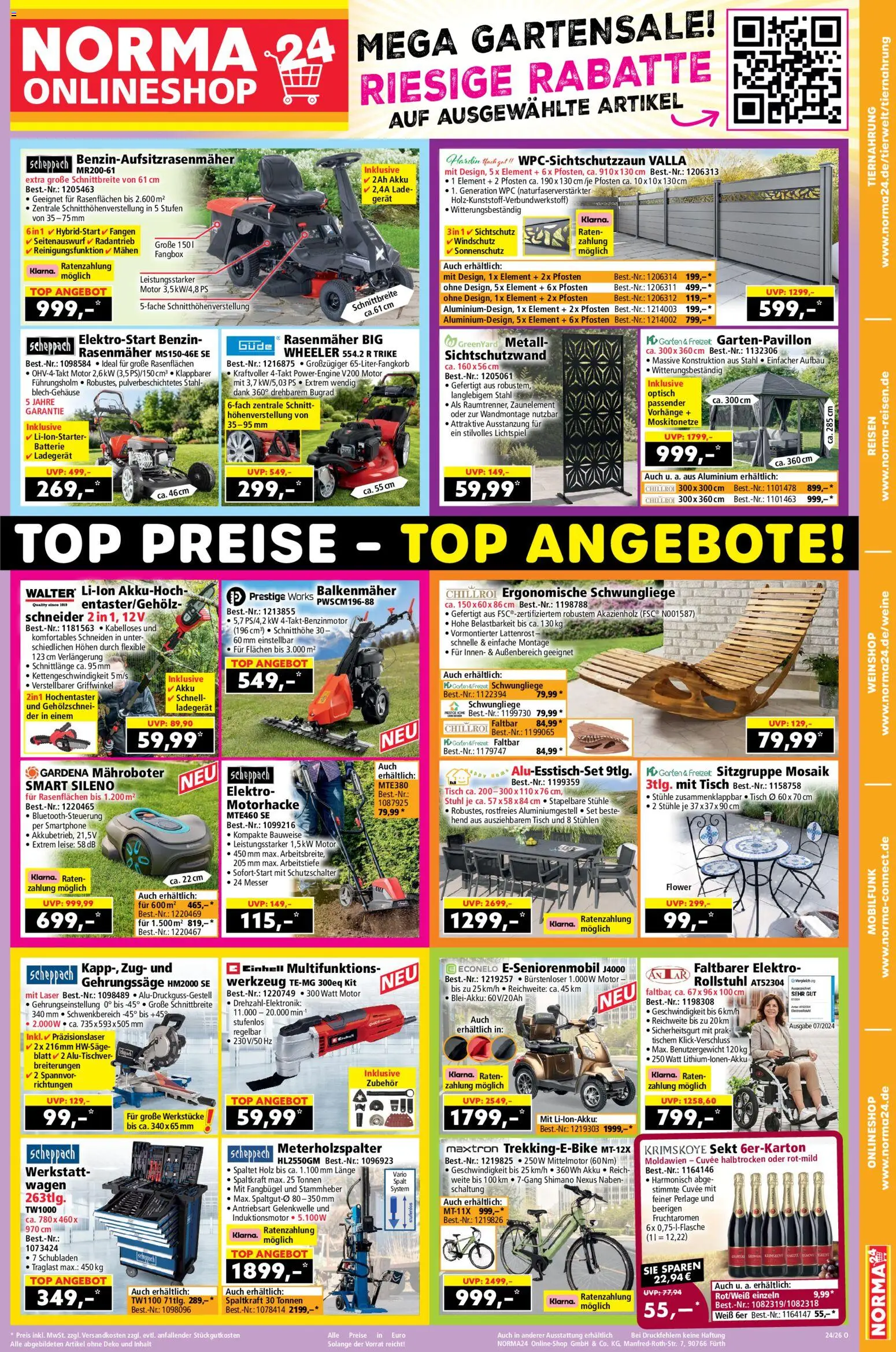 Norma Onlineshop – gültig ab 08.06.2026 | Seite: 1 | Produkte: Rasenmäher, Sekt, Batterie, Smartphone