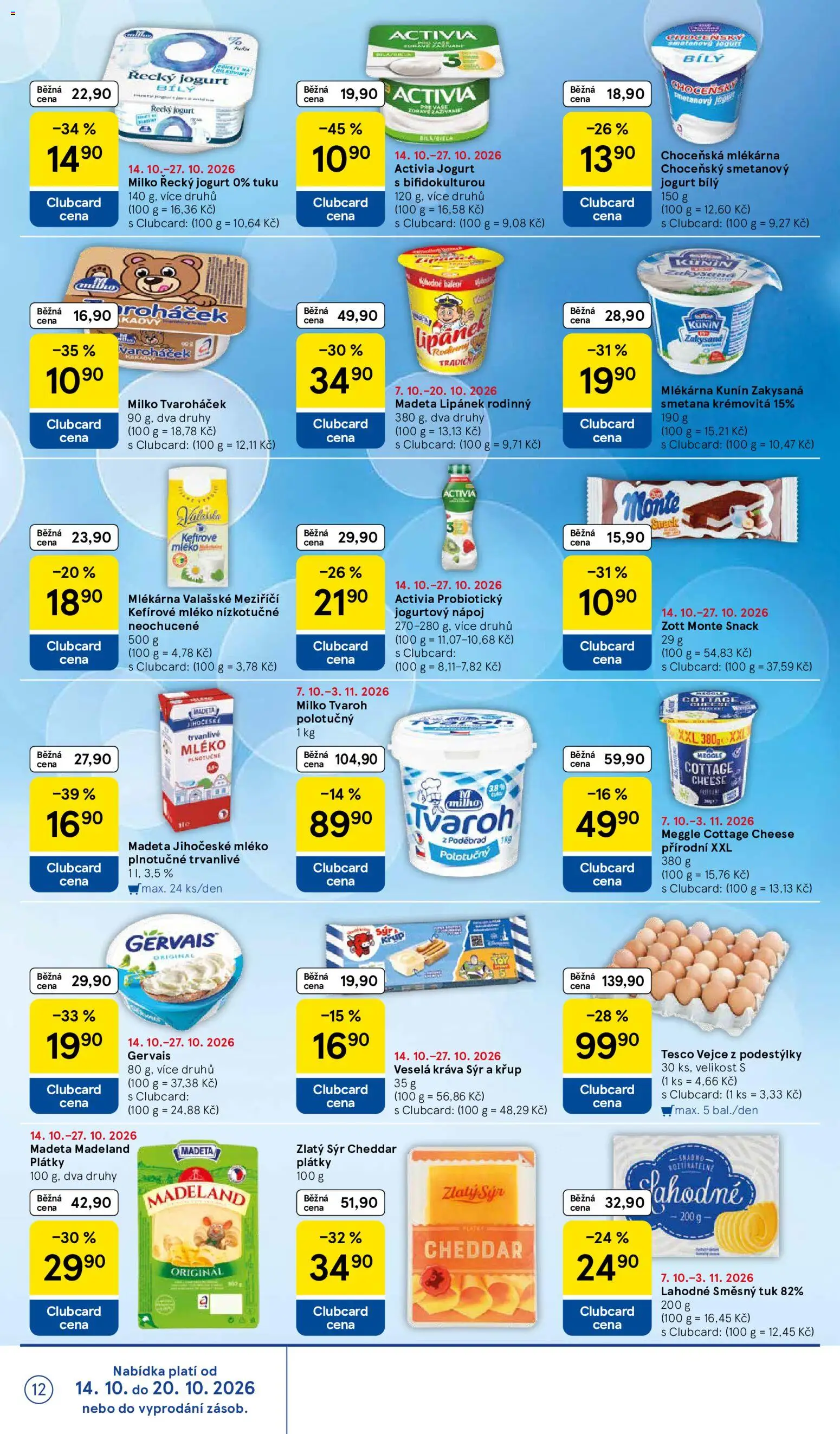 Tesco leták - Supermarket od 14.10.2026 | Strana: 12 | Produkty: Mléko, Smetanový jogurt, Cream cheese, Cottage