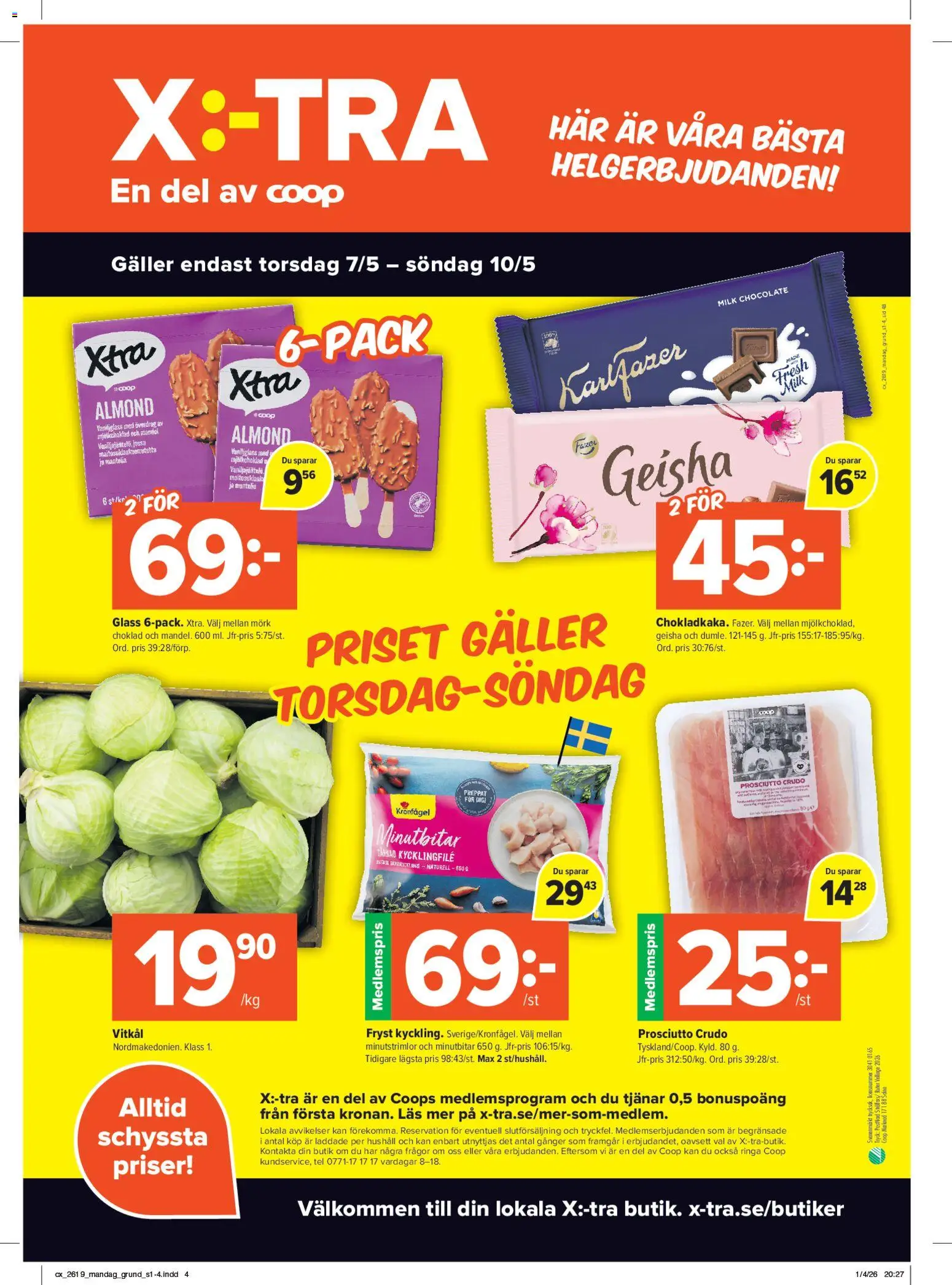 Coop X:-TRA reklamblad aktuell från 04.05.2026 | Sida: 4 | Produkter: Galler, Vitkål, Choklad, Glass