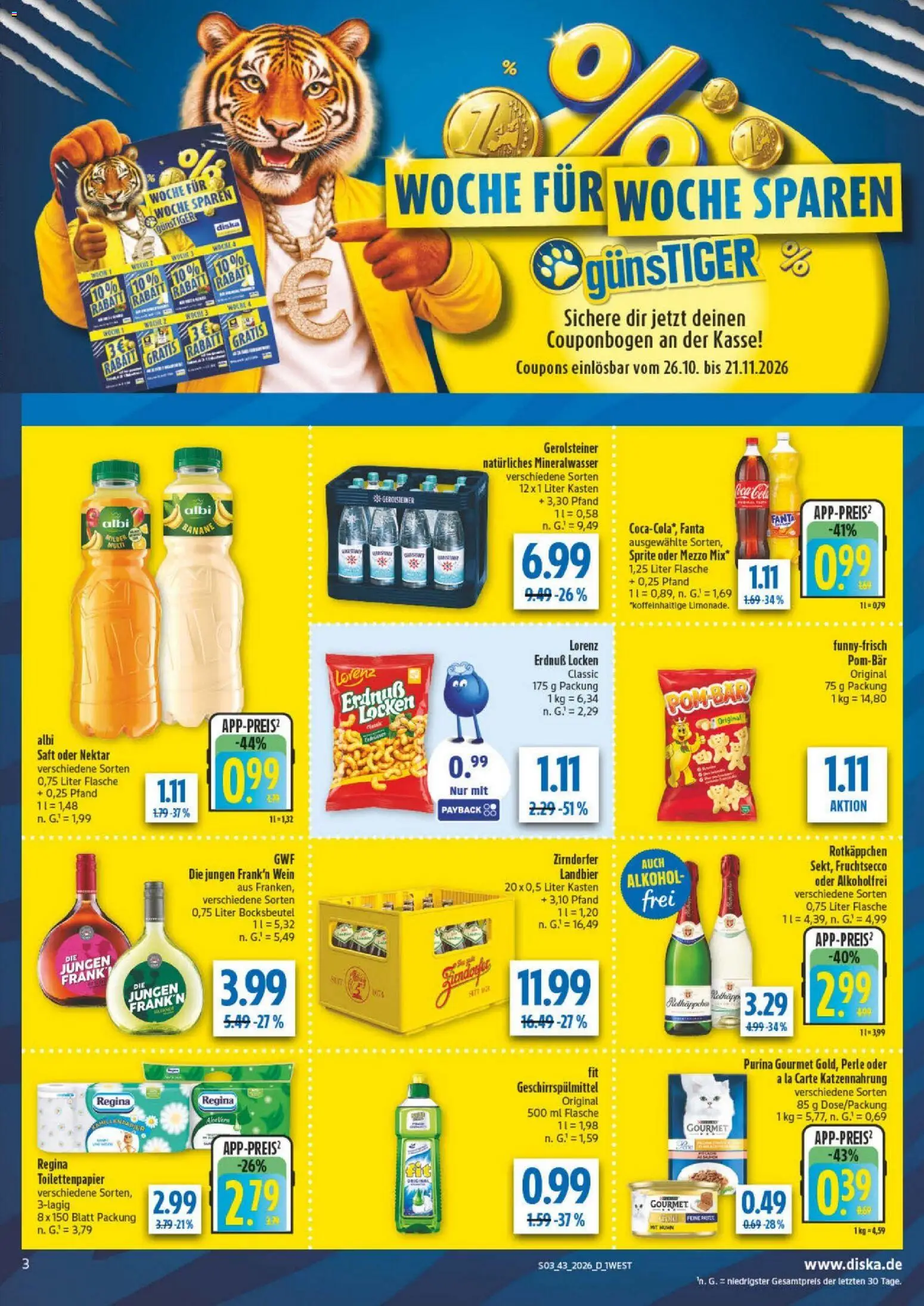 Diska Bayern – gültig ab 19.10.2026 | Seite: 3 | Produkte: Sprite, Fruchtsecco, Saft, Toilettenpapier