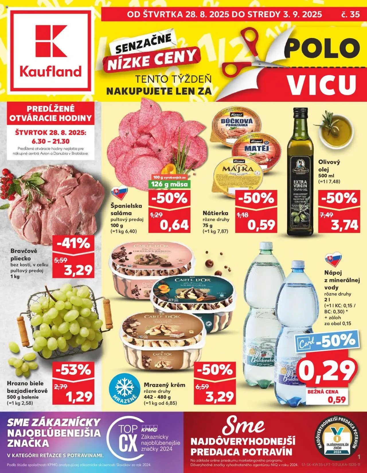 Nové Kaufland akcie – leták je platný od 28.08.2025 | Strana: 1 | Produkty: Hodiny, Olivový olej, Bravčové pliecko, Krém