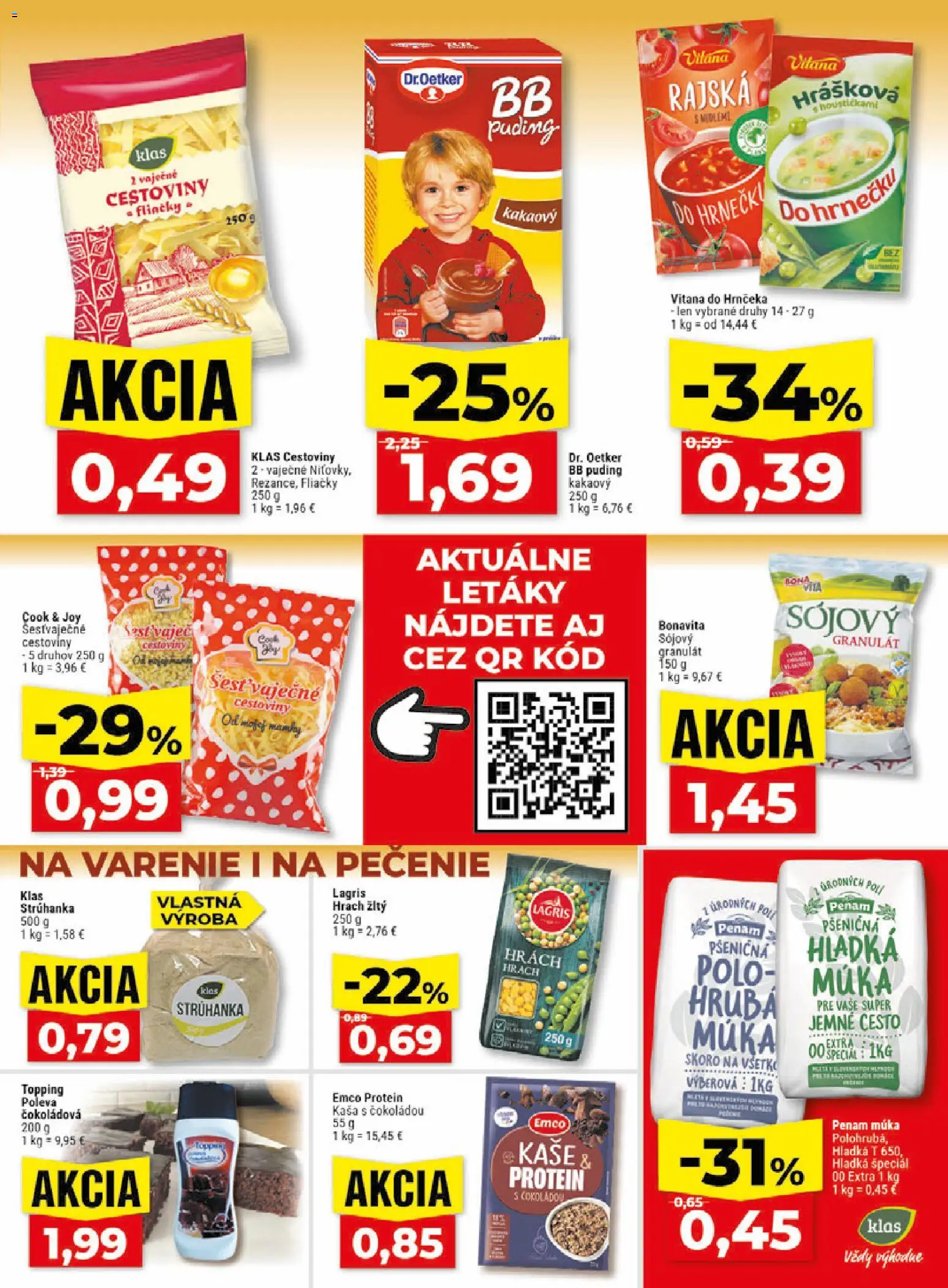 Nové Klas akcie – leták je platný od 29.06.2026 | Strana: 14 | Produkty: Cestoviny, Puding, Hrach, Múka