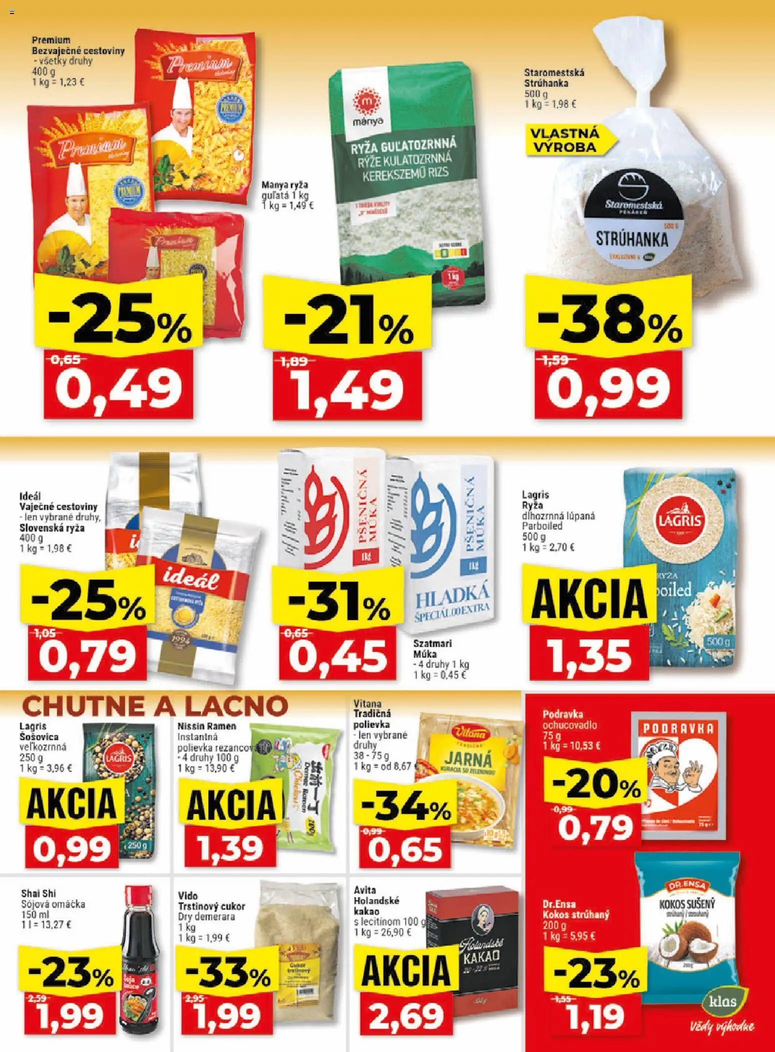 Nové Klas akcie – leták je platný od 06.07.2026 | Strana: 14 | Produkty: Ryža, Cestoviny, Pšeničná múka, Trstinový cukor