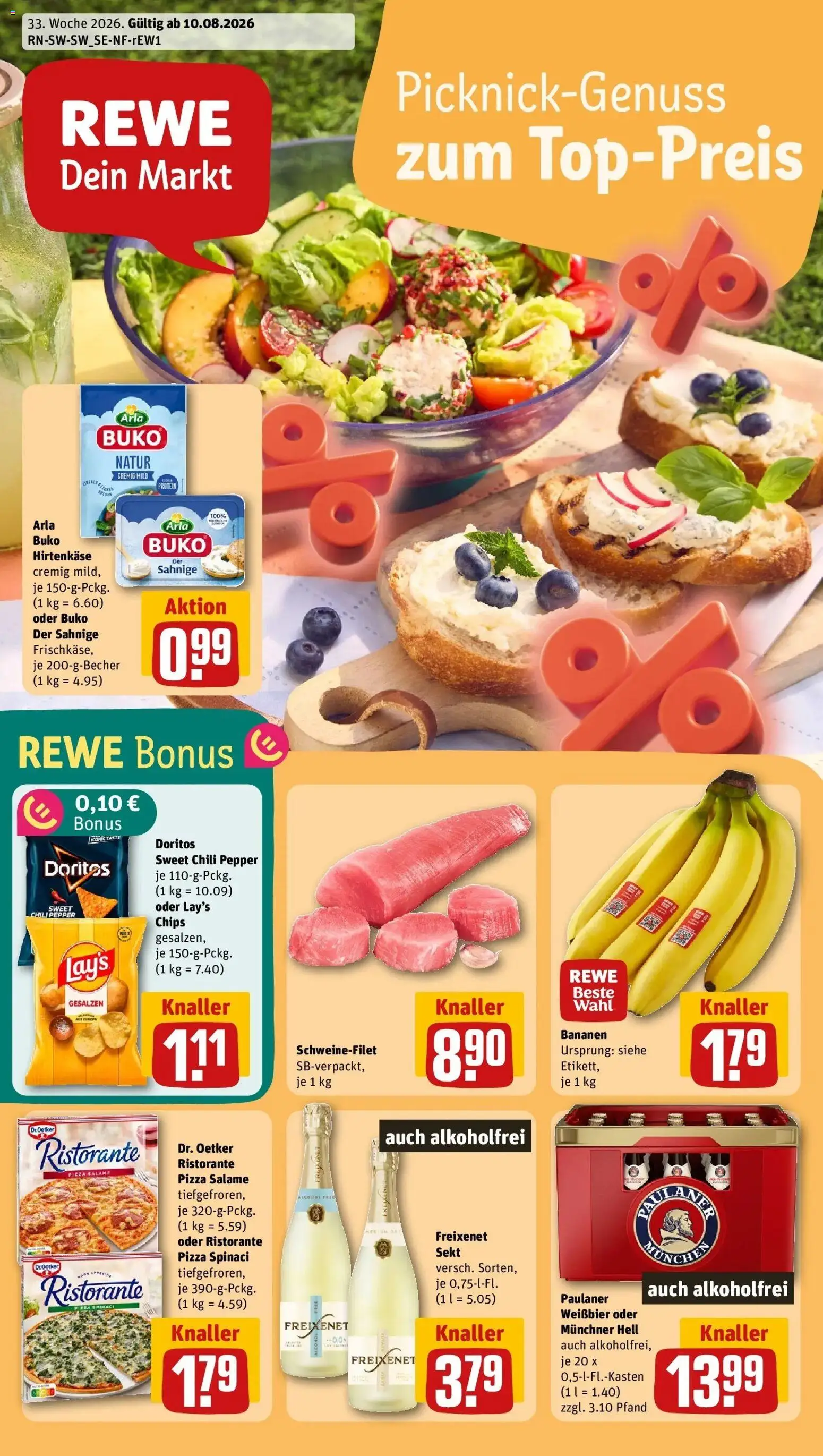 REWE Prospekt ab 10.08.2026 zum Blättern » Angebote | Seite: 1 | Produkte: Freixenet, Weißbier, Pizza, Chips
