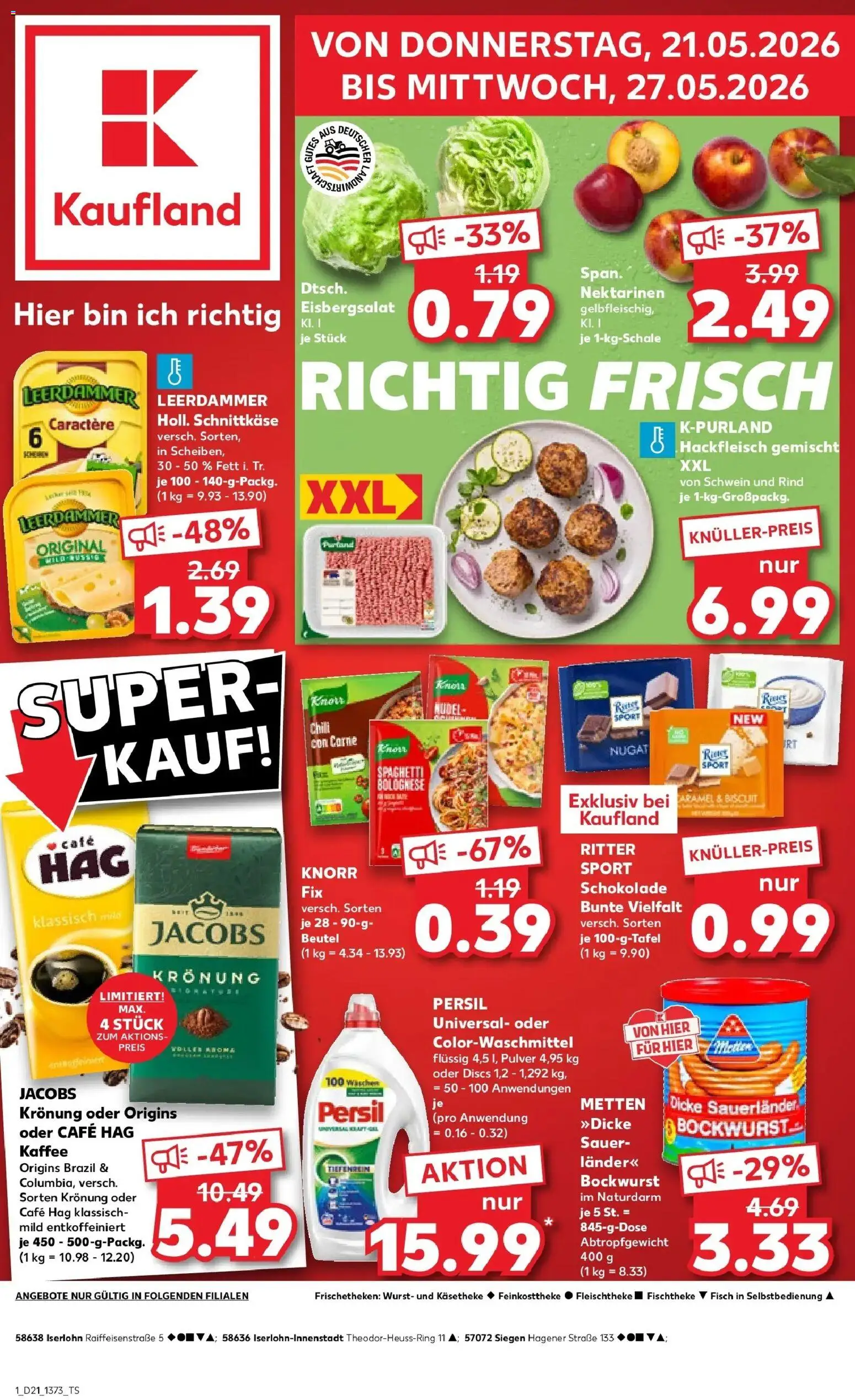 Kaufland Prospekt Siegen – gültig ab 21.05.2026 | Seite: 1 | Produkte: Ritter sport, Eisbergsalat, Leerdammer, Persil