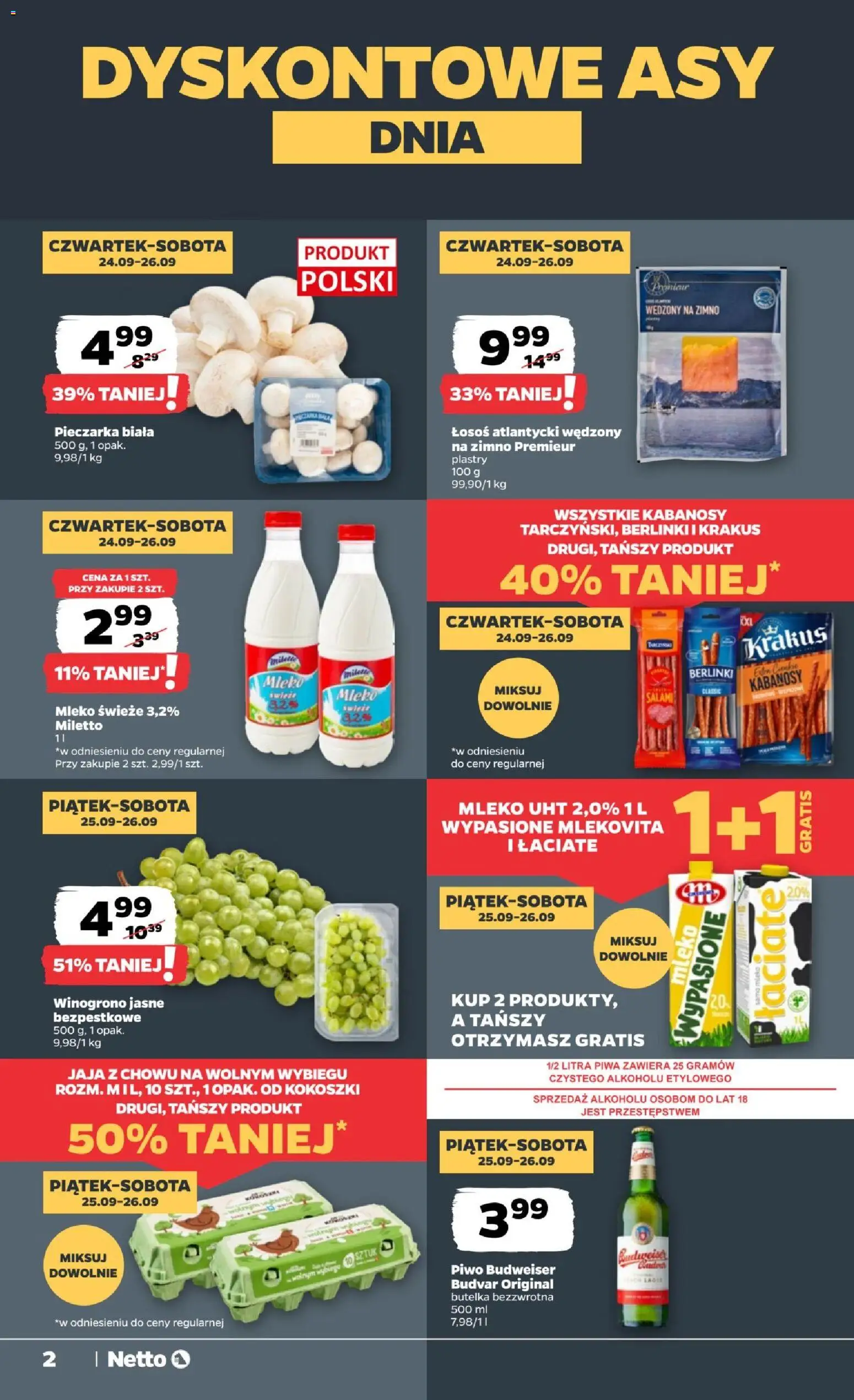 Netto gazetka od czwartku od 24.09.2026 | Strona: 2 | Produkty: Budweiser, Łosoś, Mleko, Jaja