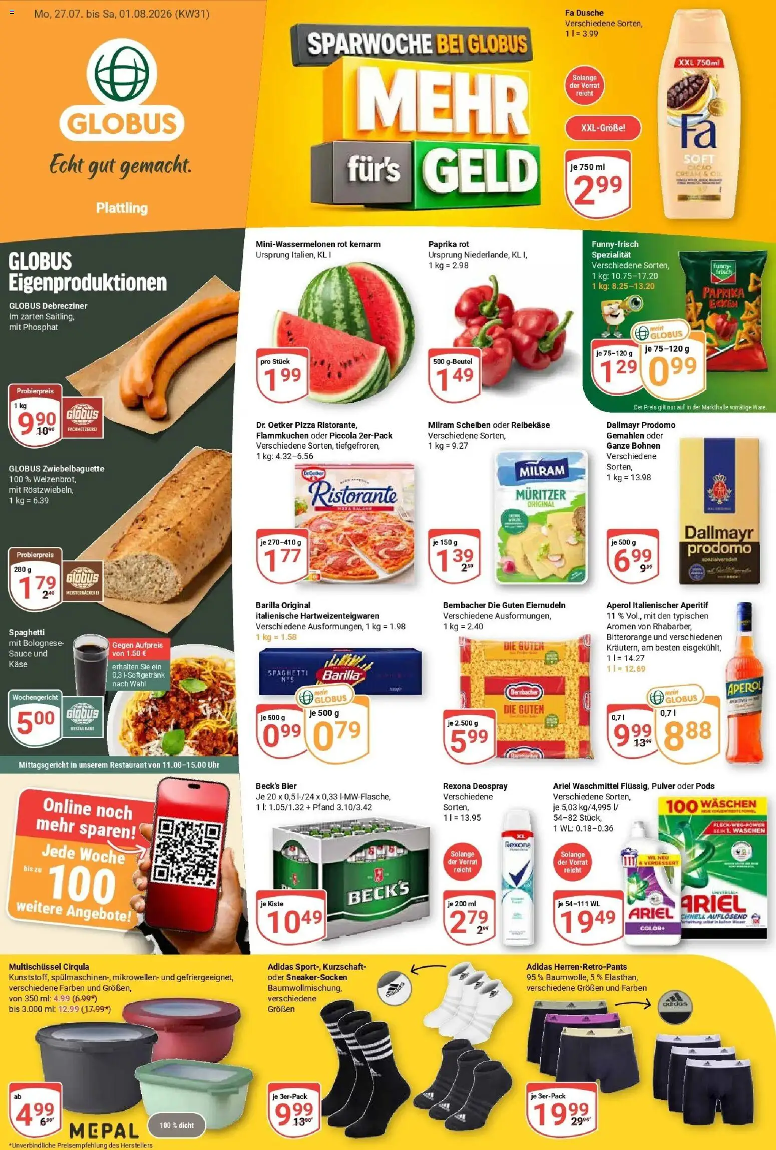 Globus Prospekt Plattling – gültig ab 20.07.2026 | Seite: 5 | Produkte: Ariel, Dusche, Milram, Dallmayr prodomo