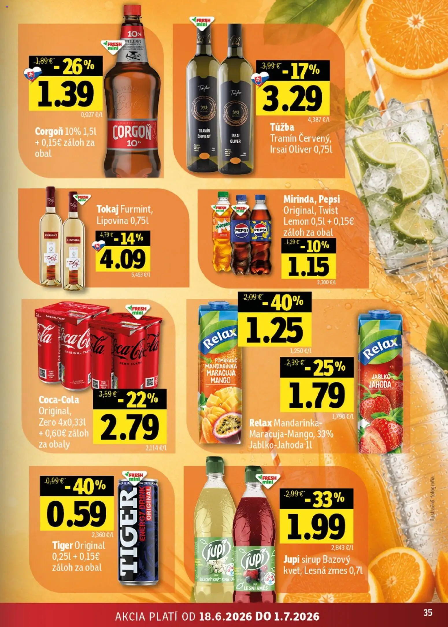 Nové Fresh akcie – leták je platný od 18.06.2026 | Strana: 35 | Produkty: Corgoň, Pepsi, Mirinda, Mango