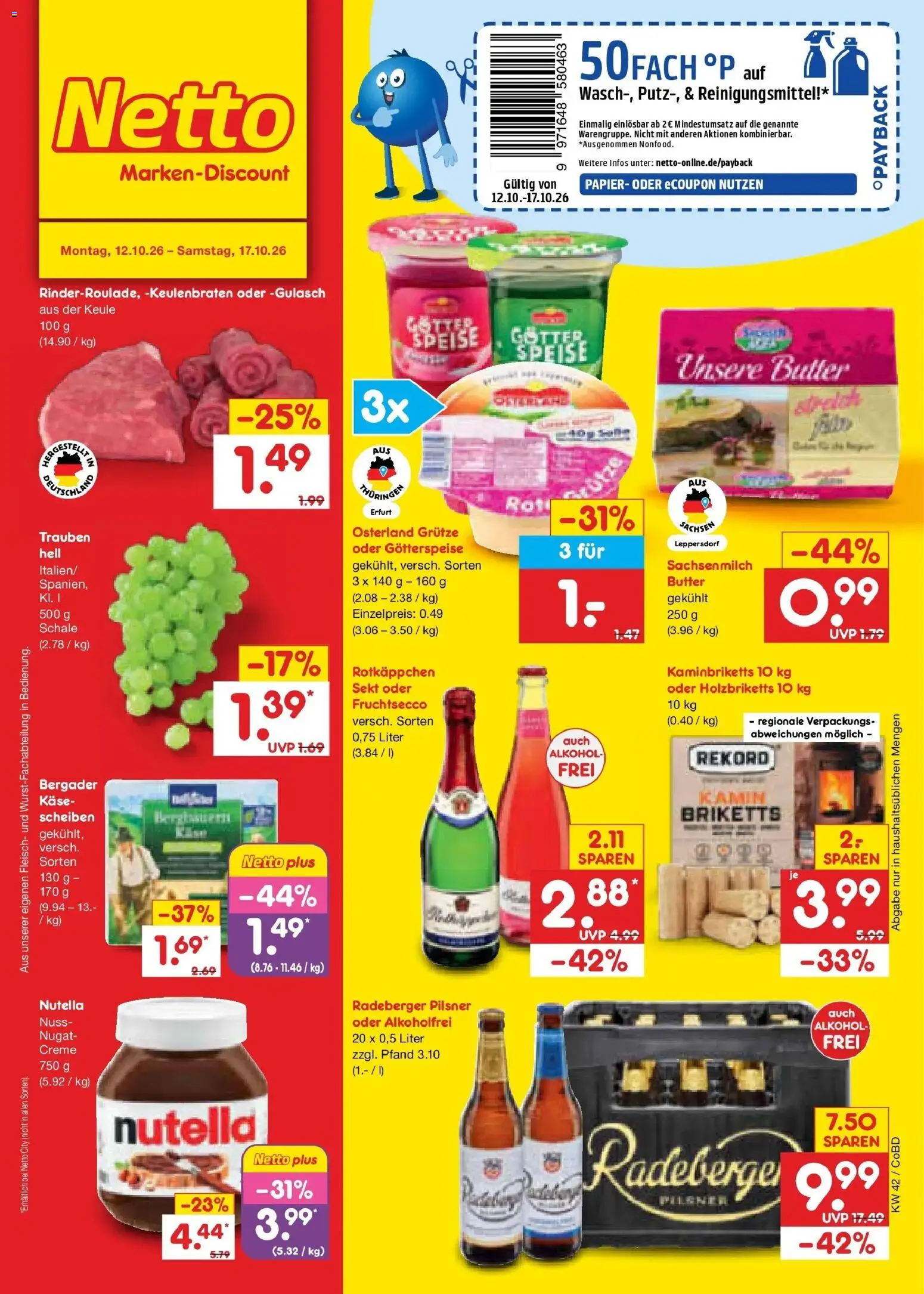 Netto Marken-Discount Prospekt Delitzsch – gültig ab 12.10.2026 | Seite: 1 | Produkte: Butter, Trauben, Fruchtsecco, Rotkäppchen