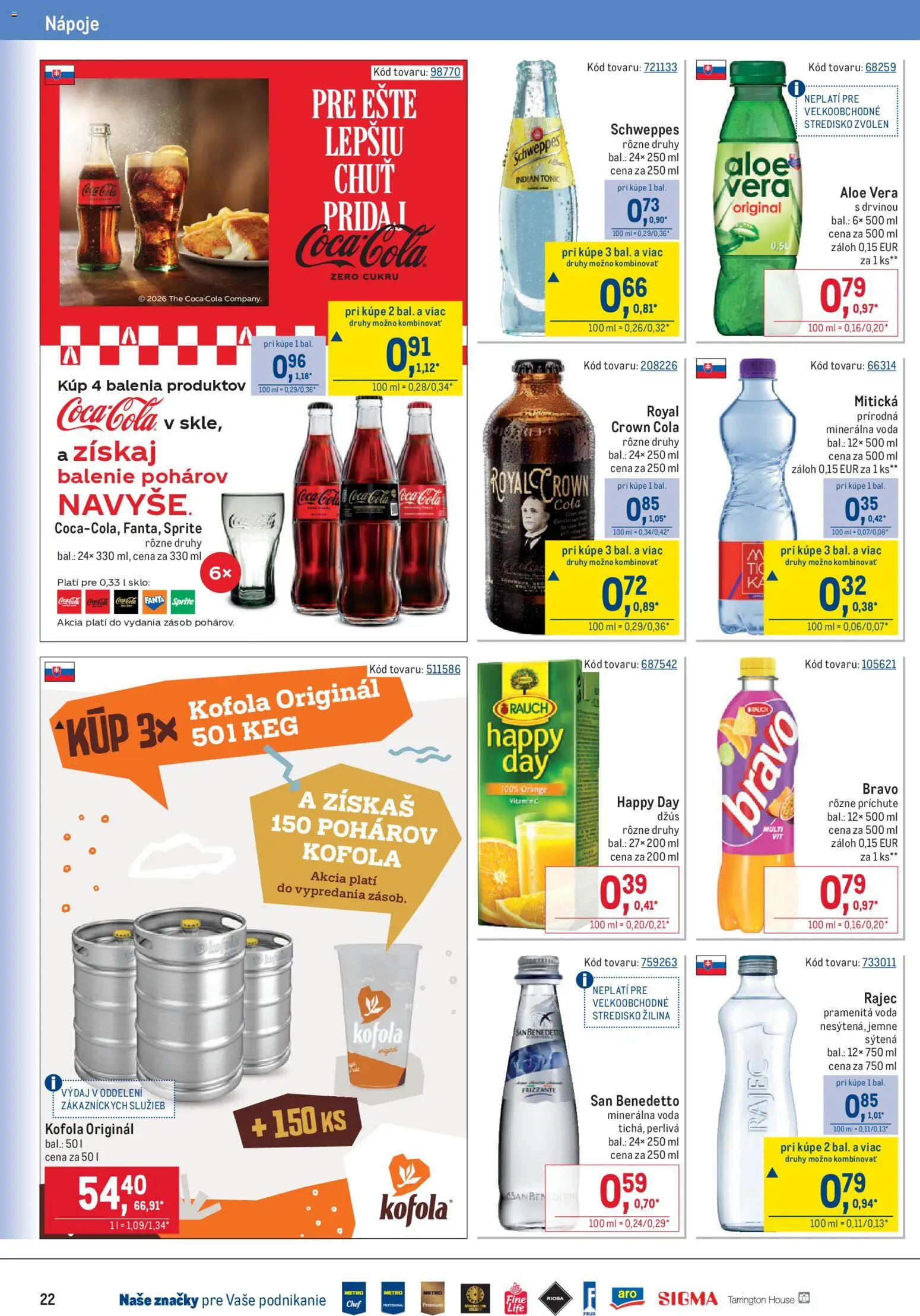 Nové Metro akcie – leták je platný od 22.04.2026 | Strana: 22 | Produkty: Kofola, Sprite, Mitická, Cola