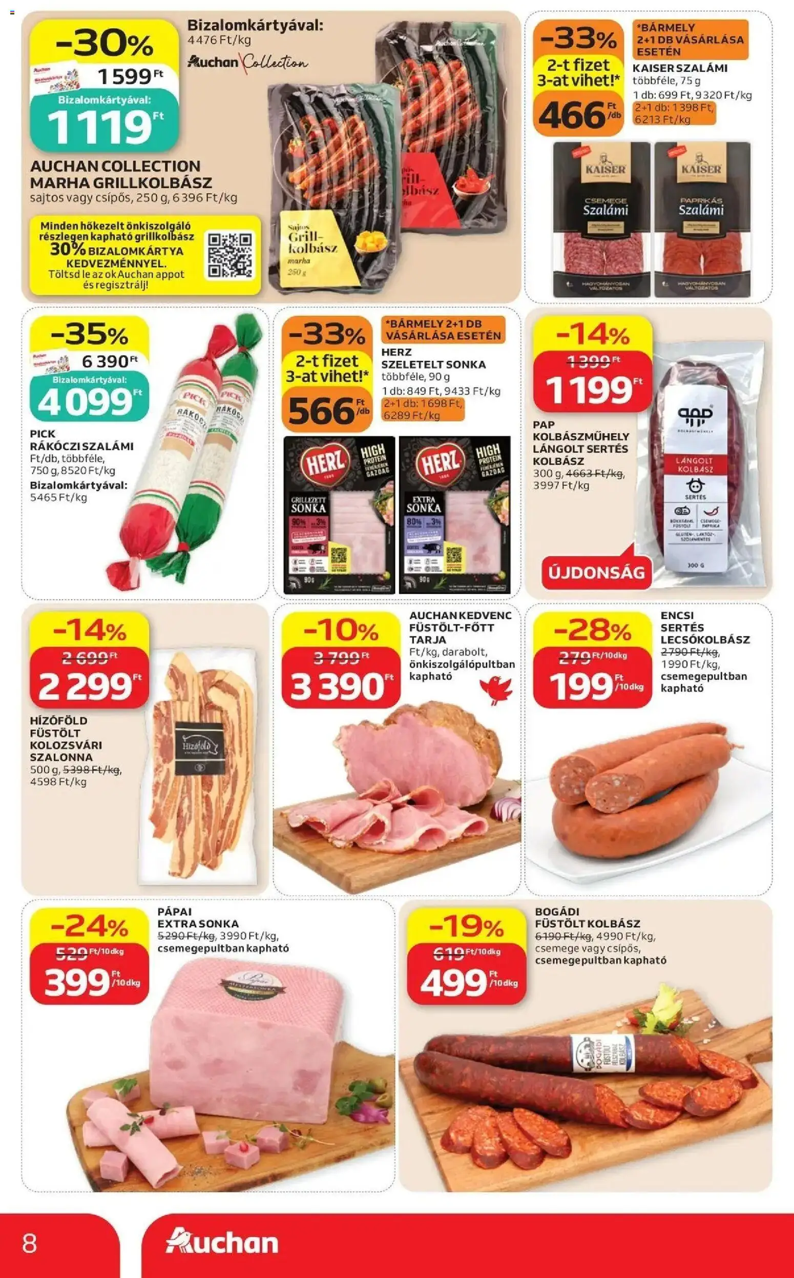 Auchan akciós újság Szolnok - 2026.08.21. -tól/töl > akció, lapozható szórólap 🛍️ | Oldal: 8 | Termékek: Kolbász, Pápai, Sonka, Szalámi