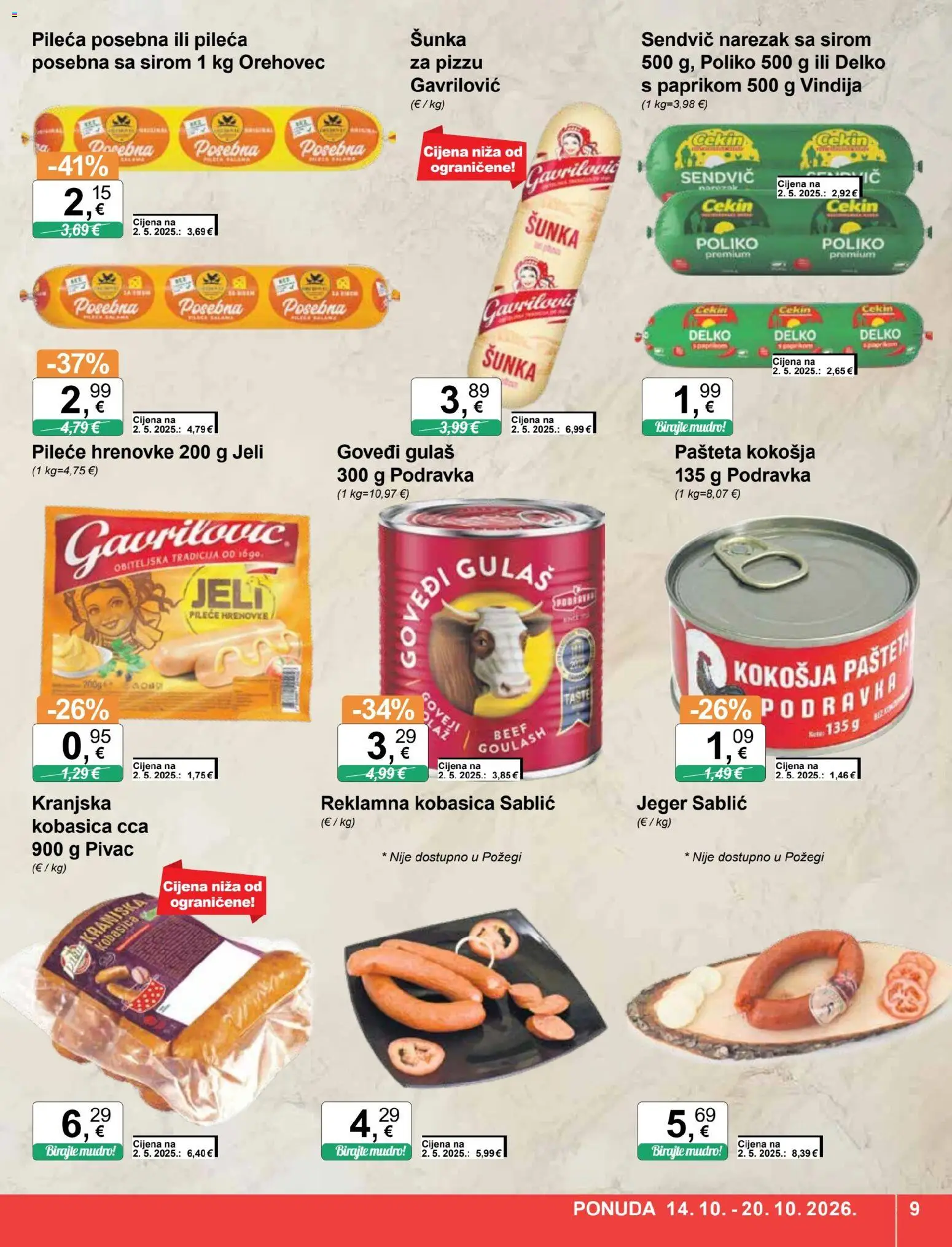 KTC katalog | vrijedi od 14.10.2026 | Stranica: 9 | Proizvodi: Hrenovke, Kranjska kobasica, Pileća šunka, Kobasica