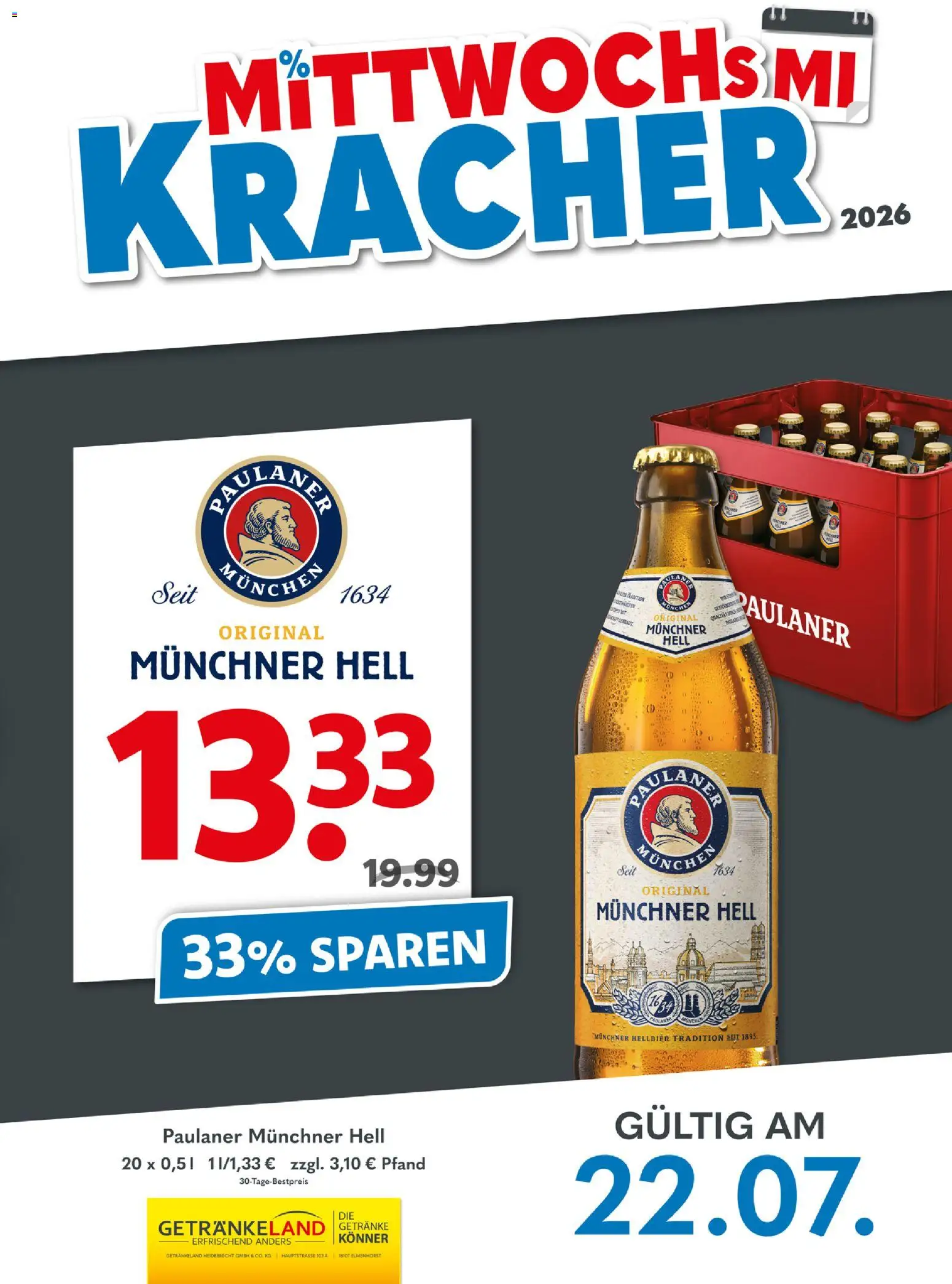 Getränkeland Mittwochs Kracher – gültig ab 22.07.2026 | Seite: 1 | Produkte: Paulaner