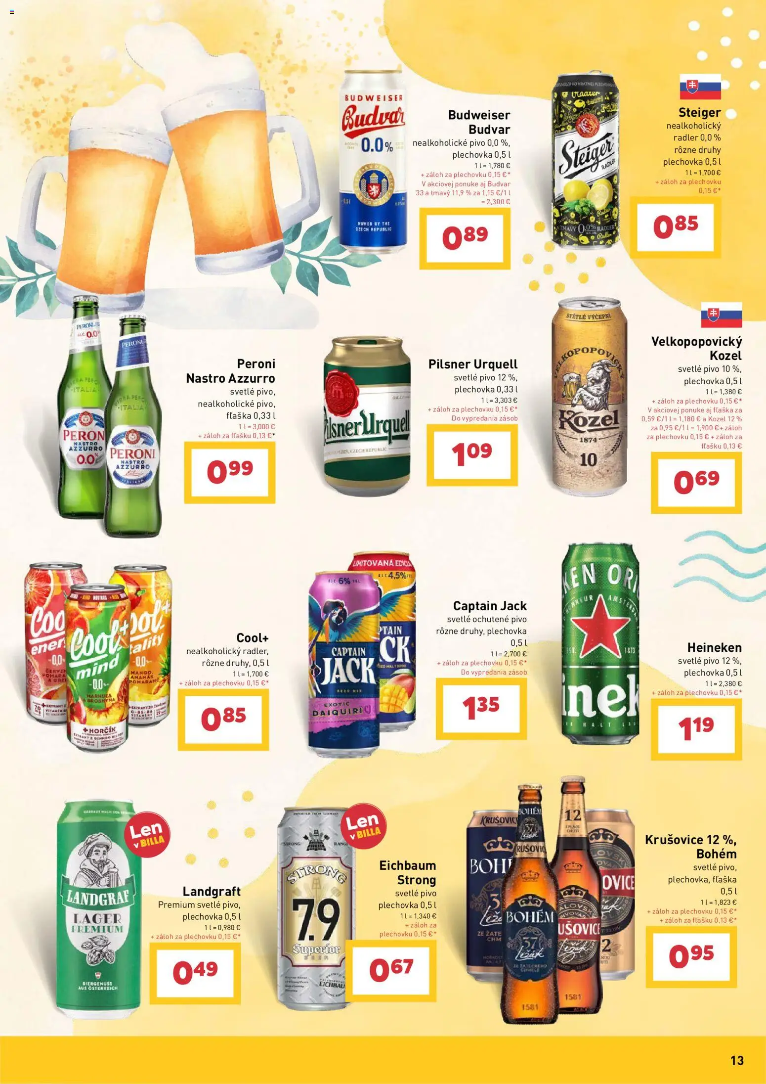 Nové Billa akcie – leták je platný od 27.05.2026 | Strana: 13 | Produkty: Budvar, Ananás, Mango, Nealkoholické pivo