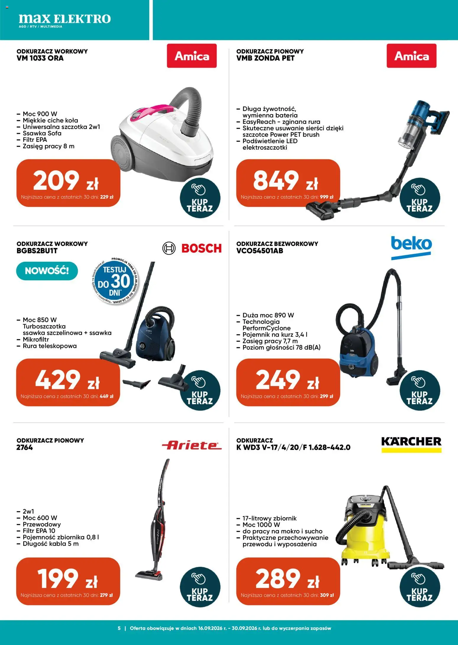 Max elektro gazetka od 16.09.2026 | Strona: 5 | Produkty: Odkurzacz, Sofa, Bateria, Szczotka