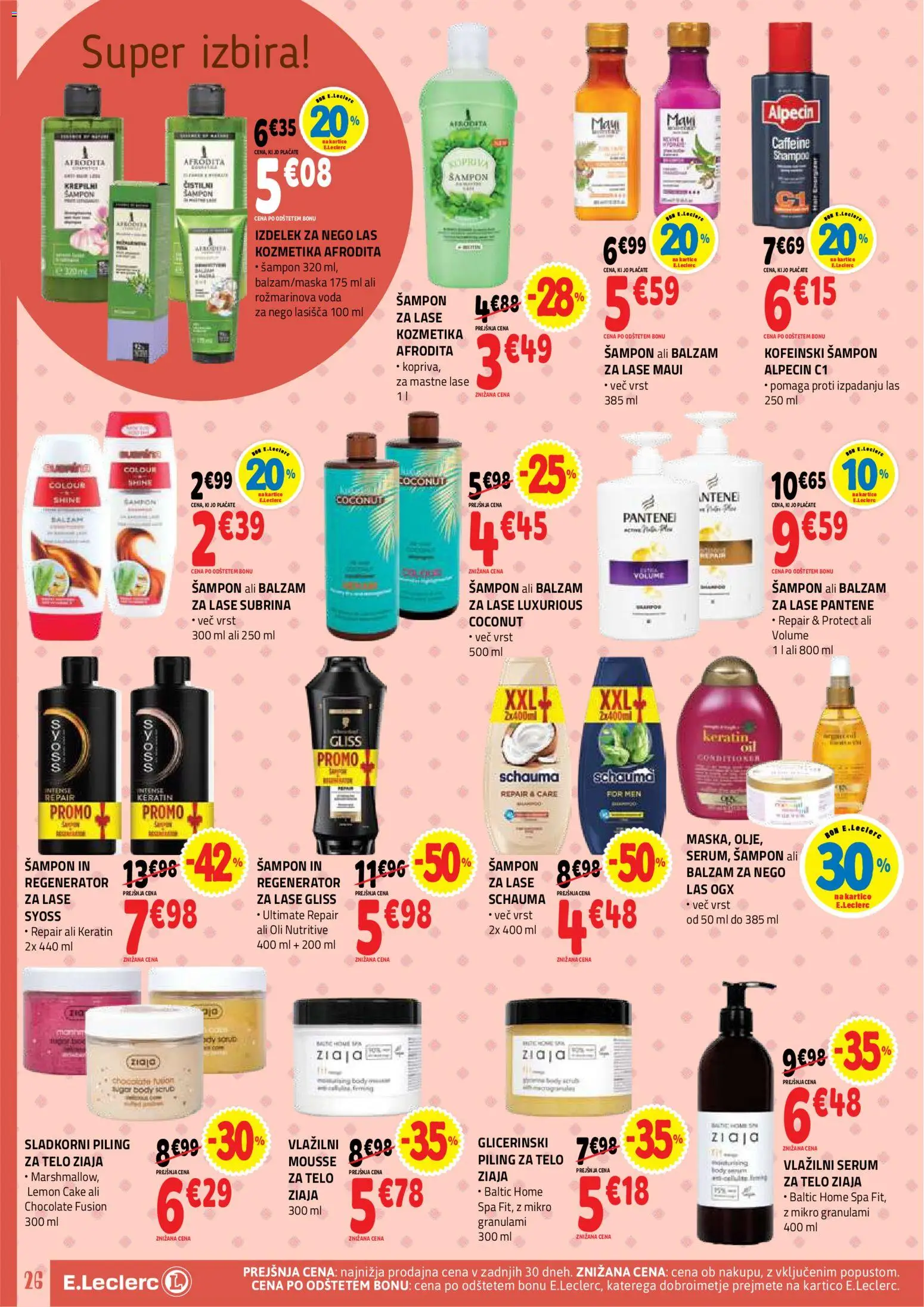 Novi E.leclerc katalog ponudbe – veljaven od 16.09.2026 | Stran: 26 | Izdelki: Sampon, Balzam za lase, Piling, Voda