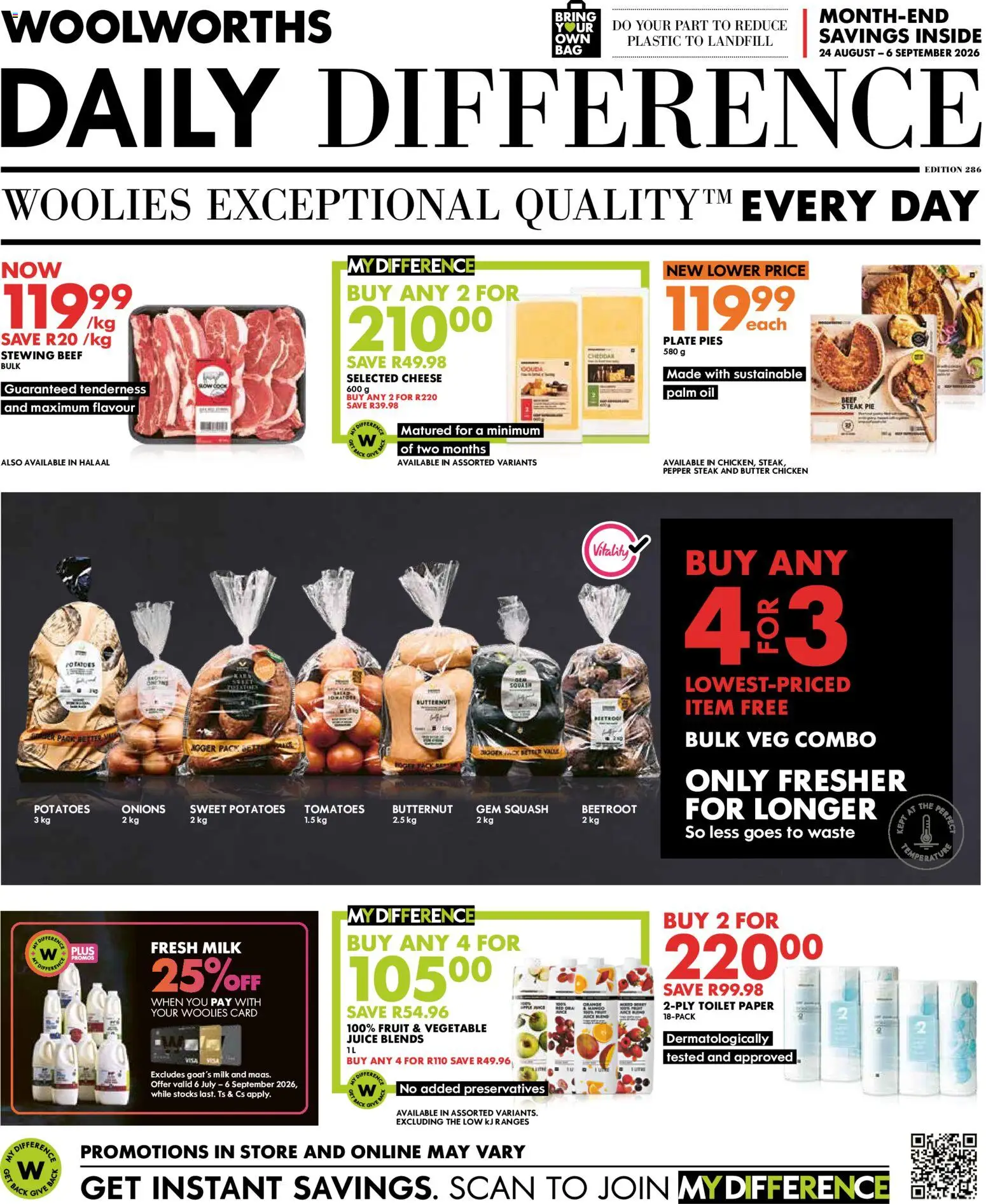 New Woolworths catalogue – valid from 24/08/2026 | Page: 1 | Products: Steak, Tomatoes, Sweet potatoes, Onions
