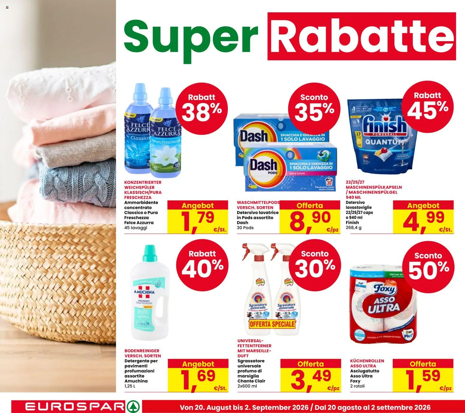 Volantino Eurospar del 20/08/2026 | Pagina: 8 | Prodotti: Ammorbidente, Detergente, Sgrassatore, Profumo