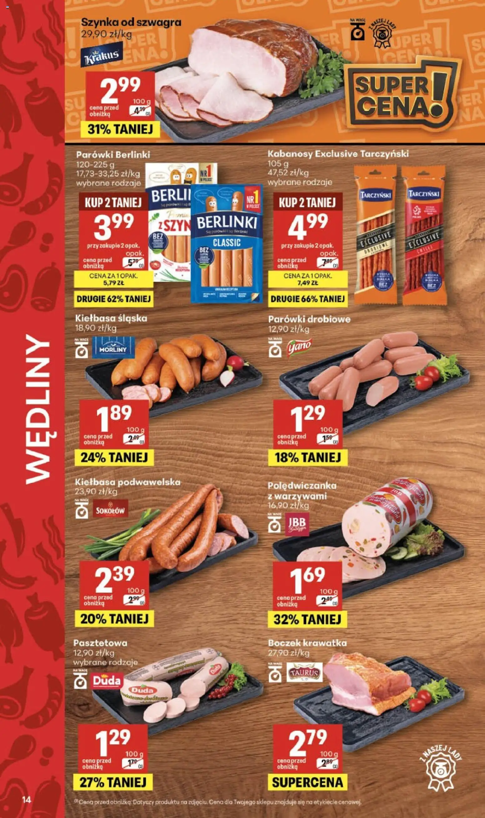 Delikatesy Centrum gazetka od 22.10.2026 | Strona: 14 | Produkty: Parówki berlinki, Boczek, Kiełbasa podwawelska, Wędliny