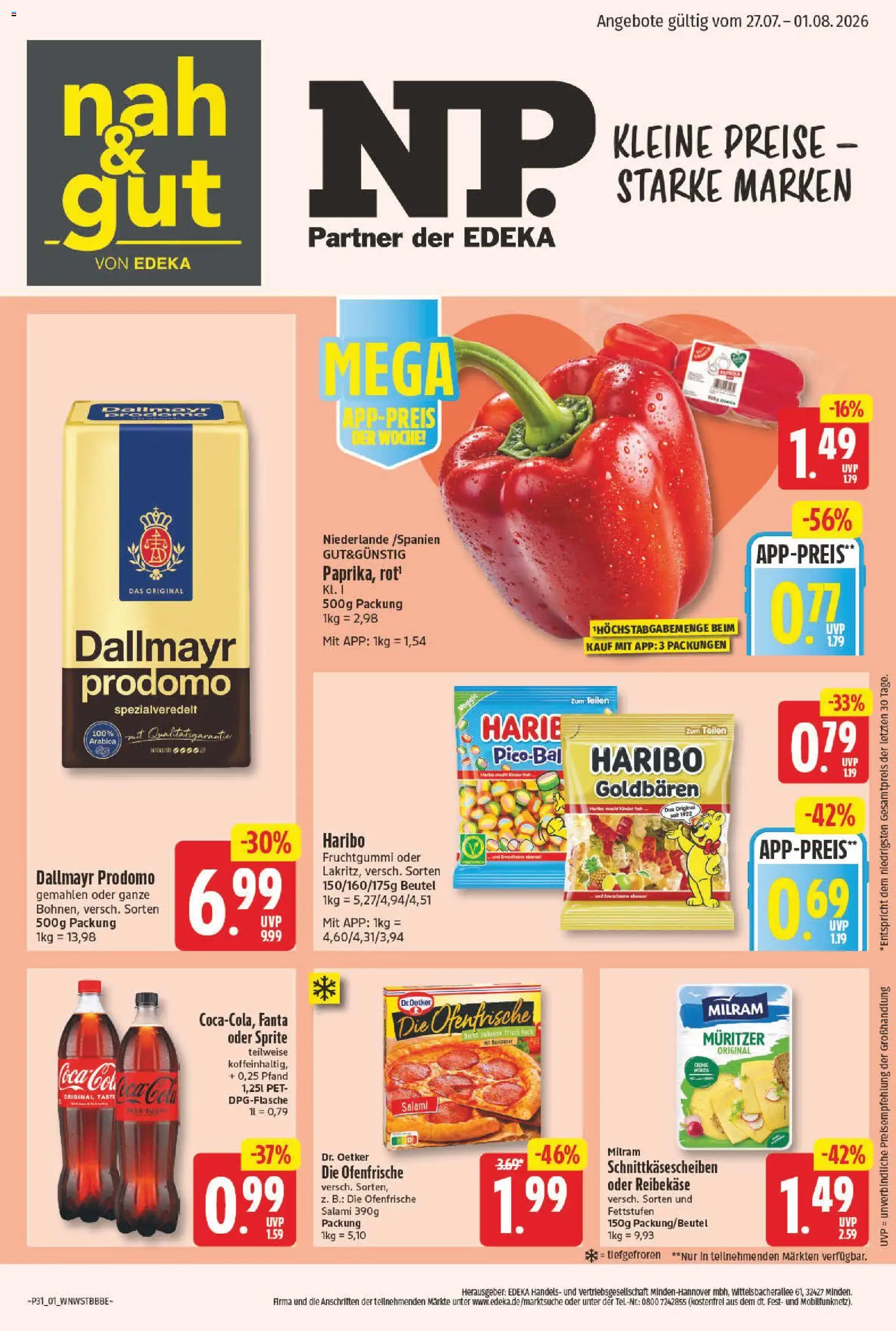 NP Discount Prospekt – gültig ab 27.07.2026 | Seite: 1 | Produkte: Sprite, Haribo, Dallmayr, Salami