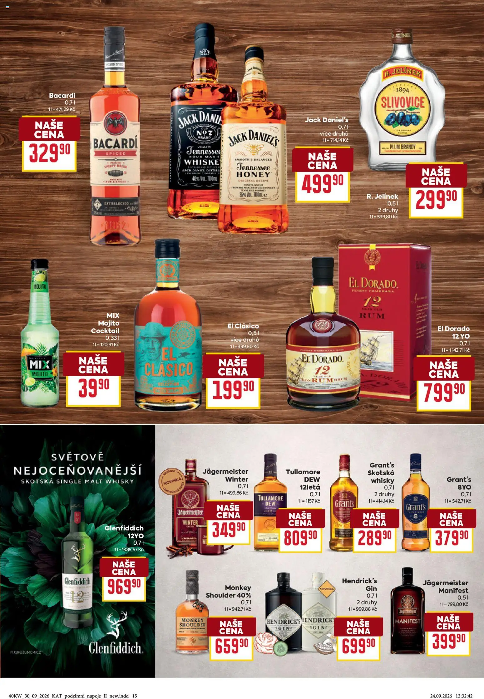 Billa leták Podzimní nápoje od 30.09.2026 | Strana: 15 | Produkty: Jägermeister, Rum, Bacardi, Whisky