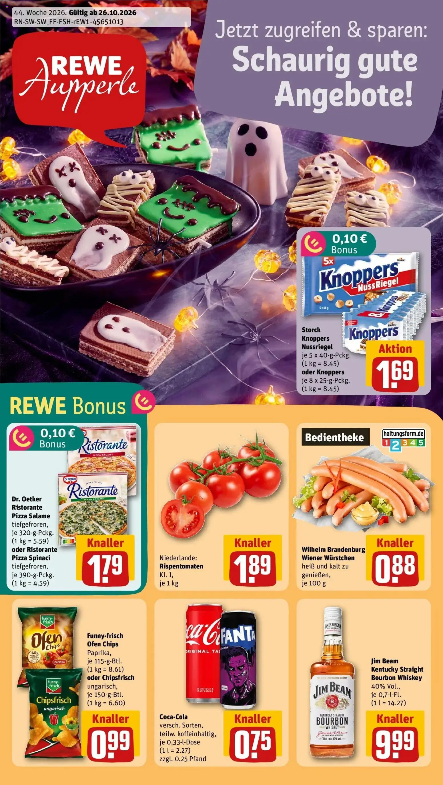 REWE Prospekt ab 26.10.2026 zum Blättern » Angebote | Seite: 1 | Produkte: Wiener wurstchen, Funny frisch, Paprika, Bourbon