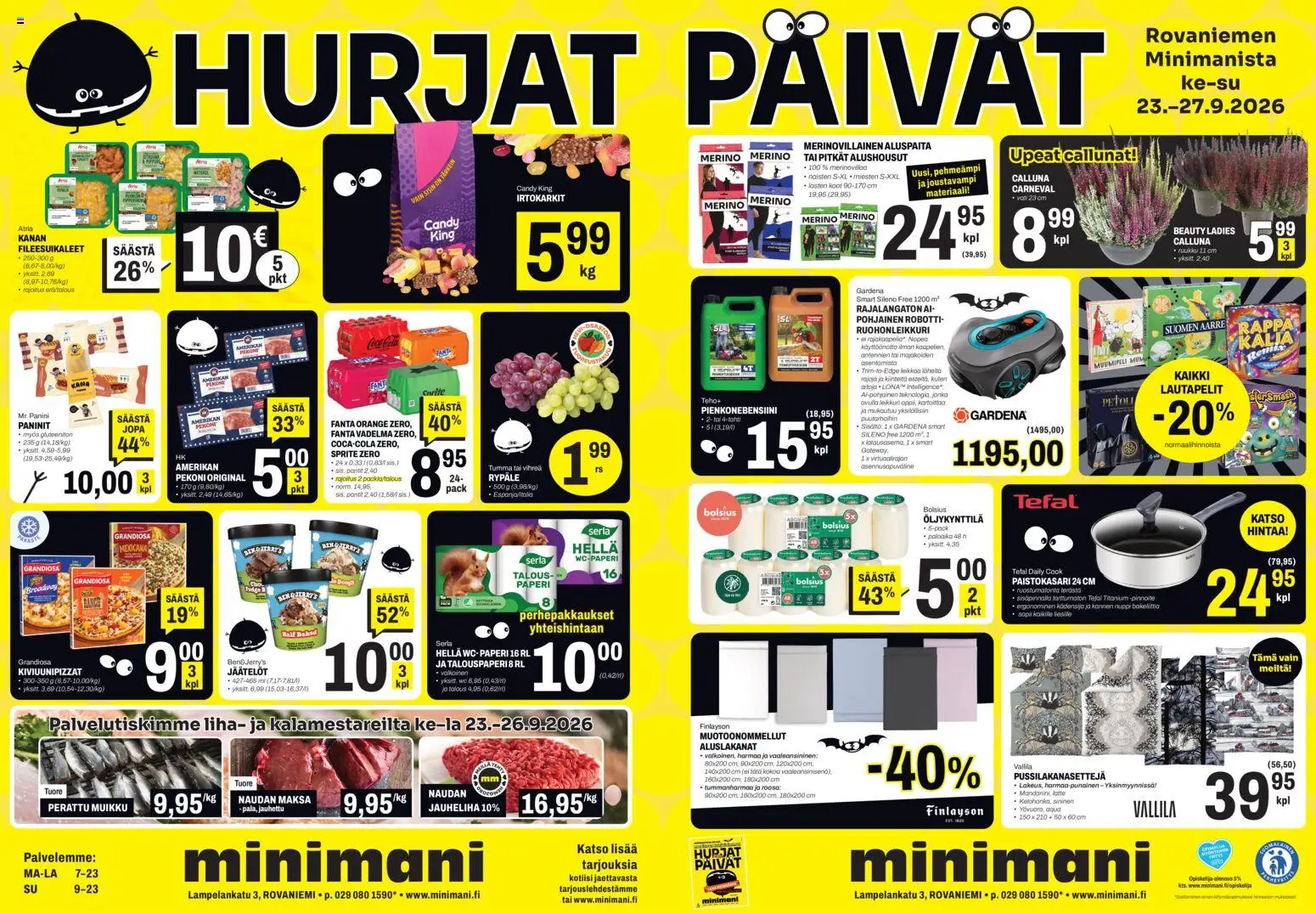 Minimani tarjoukset Rovaniemi – voimassa 23/09/2026 alkaen | Sivu: 1 | Tuotteet: Irtokarkit, Robotti, Fanta, Lautapelit