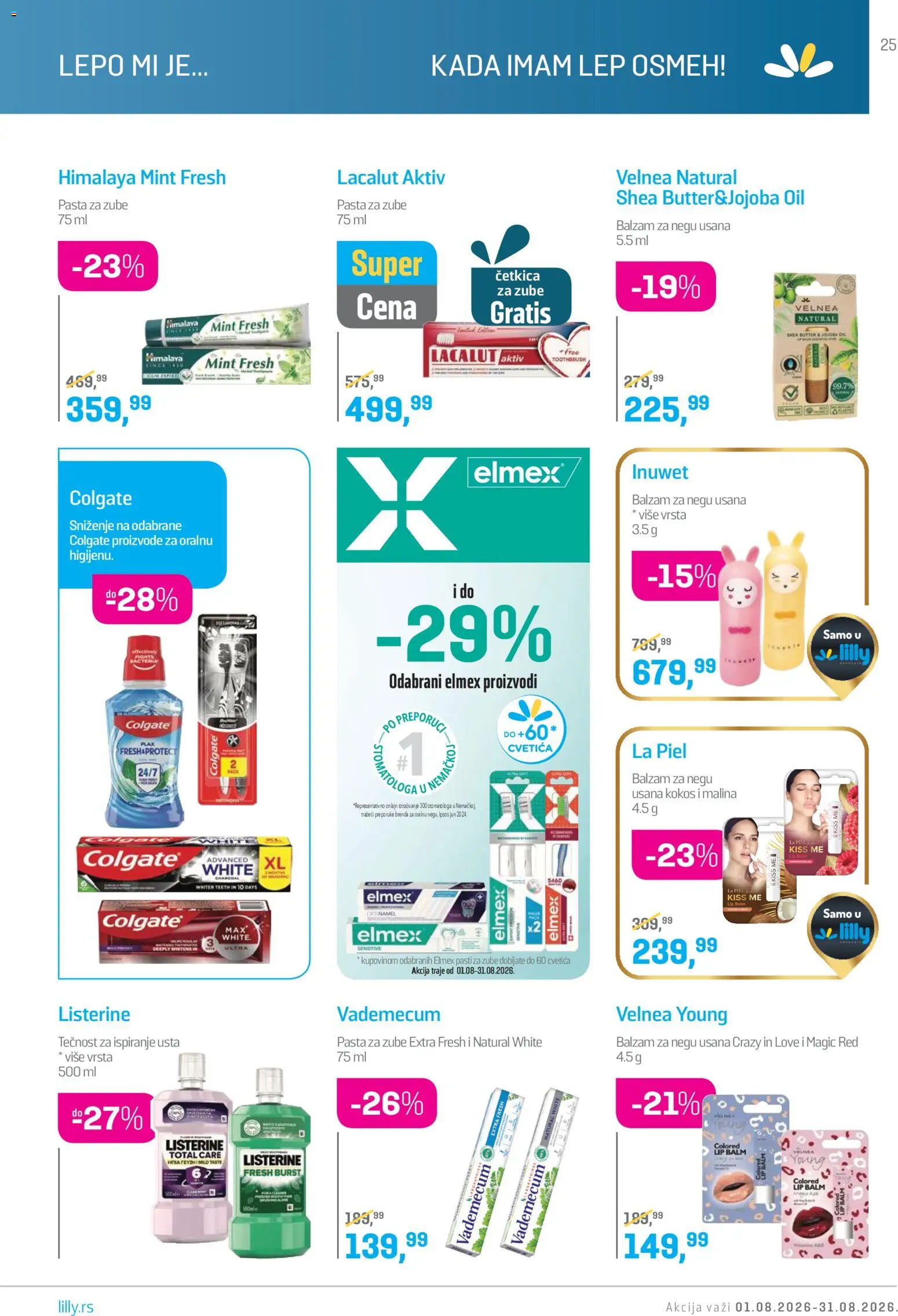 Lilly drogerie katalog - važi od 01.08.2026 | Strana: 25 | Proizvode: Colgate, Malina, Pasta za zube, Tečnost za ispiranje usta