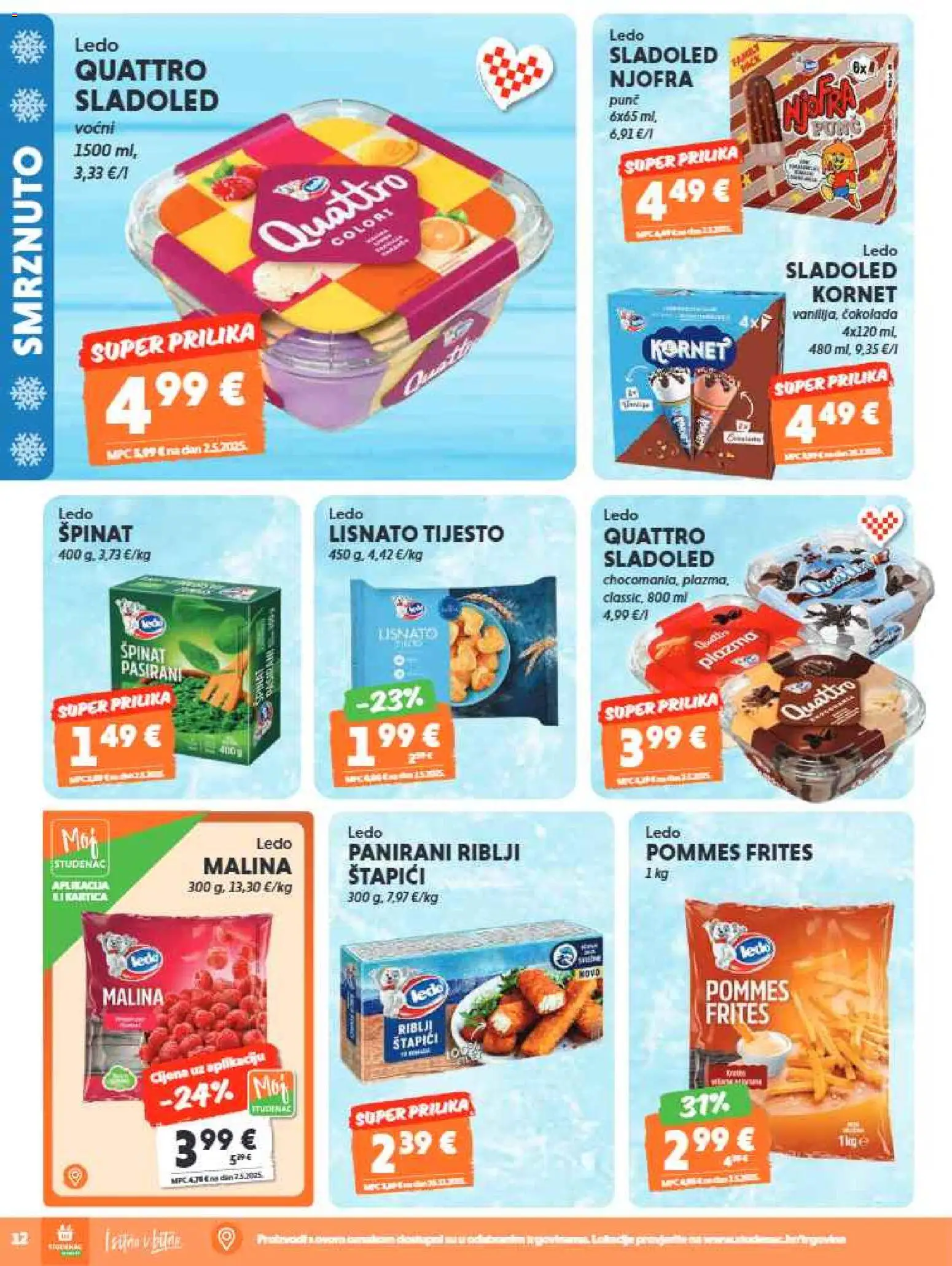 Studenac katalog | vrijedi od 01.07.2026 | Stranica: 12 | Proizvodi: Špinat, Riblji štapići, Lisnato tijesto, Štapići