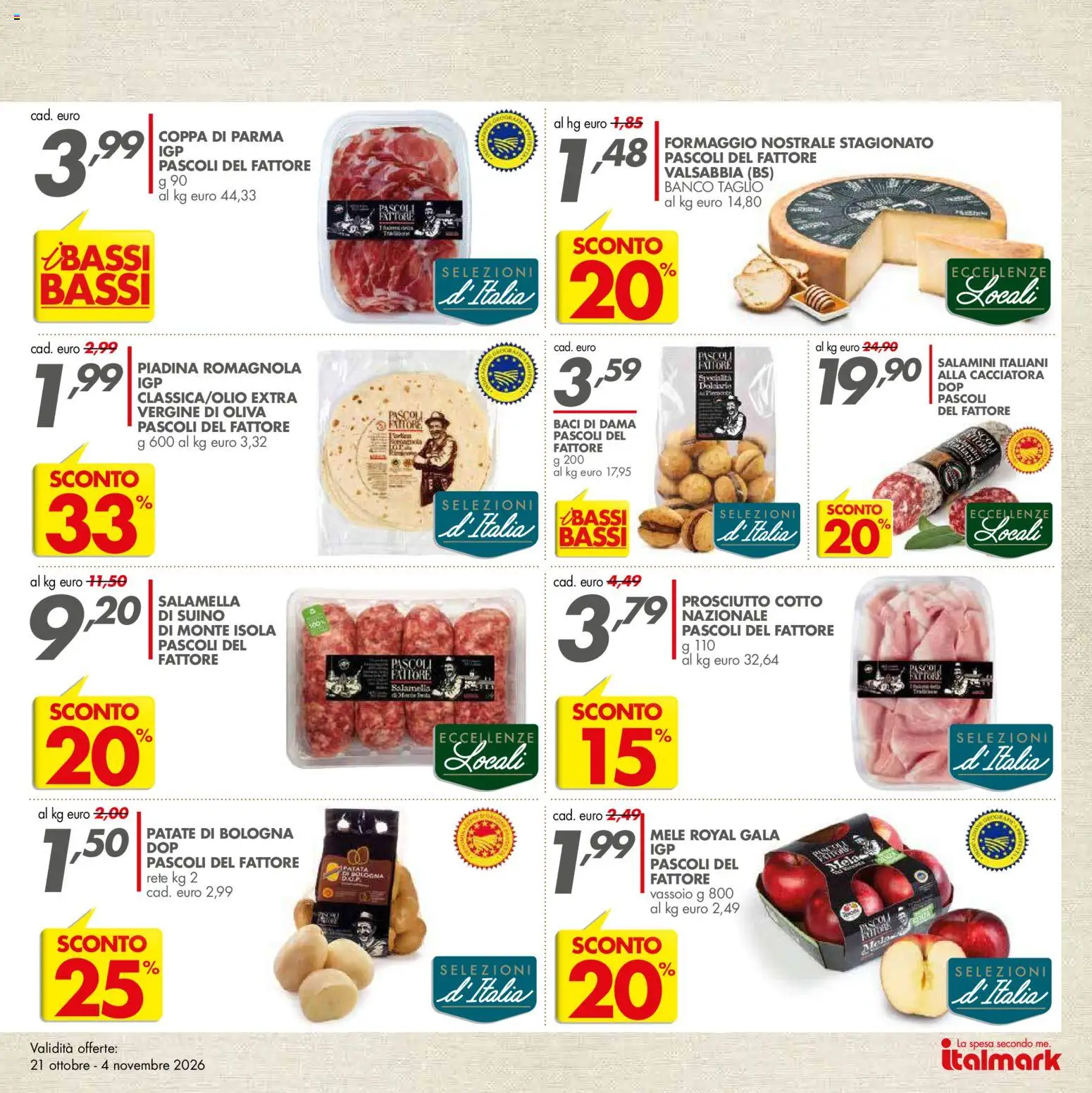 Volantino Italmark del 21/10/2026 | Pagina: 11 | Prodotti: Salamella, Suino, Formaggio, Vassoio