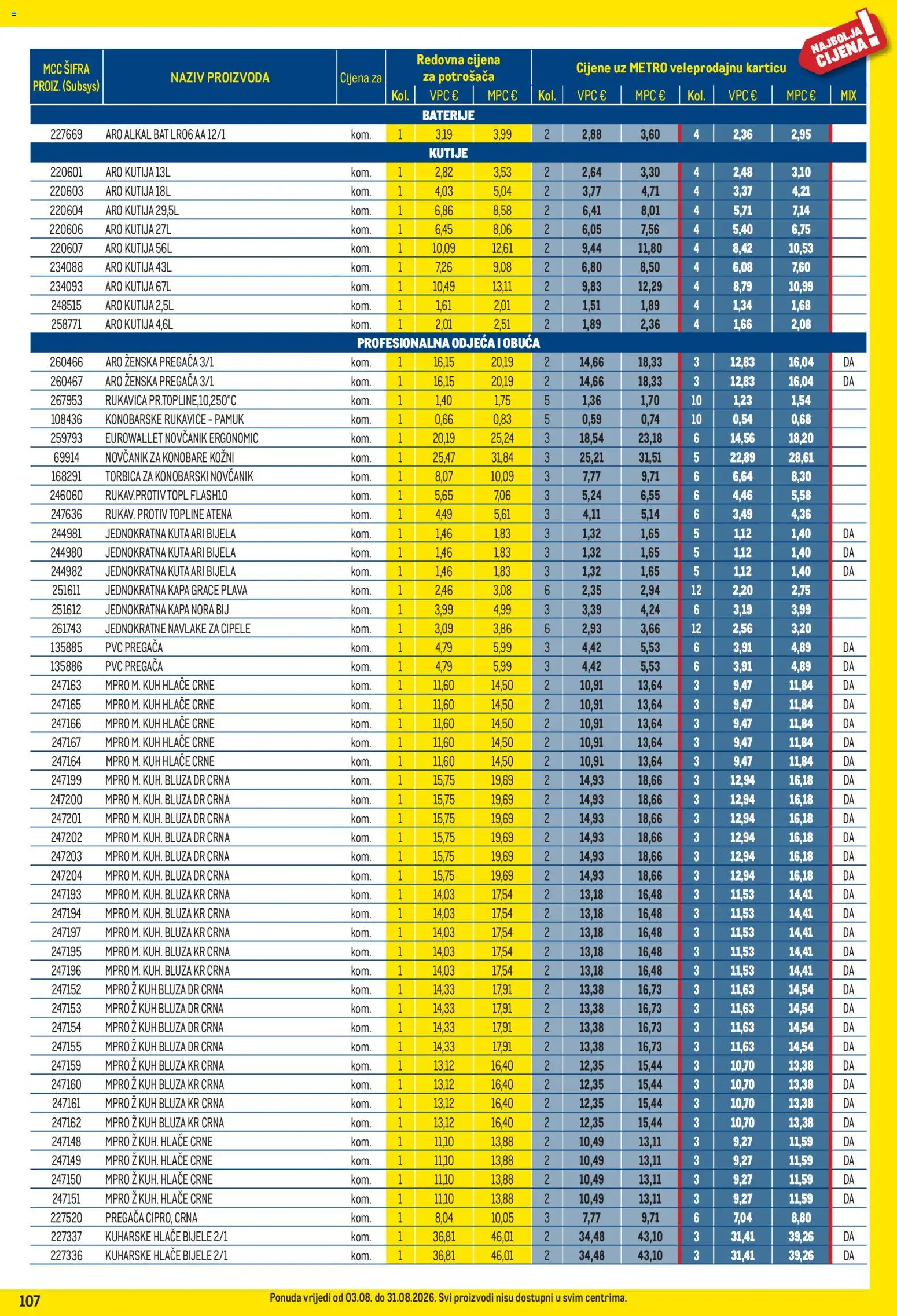 Metro katalog | vrijedi od 03.08.2026 | Stranica: 107 | Proizvodi: Bluza, Hlače, Baterije, Novčanik