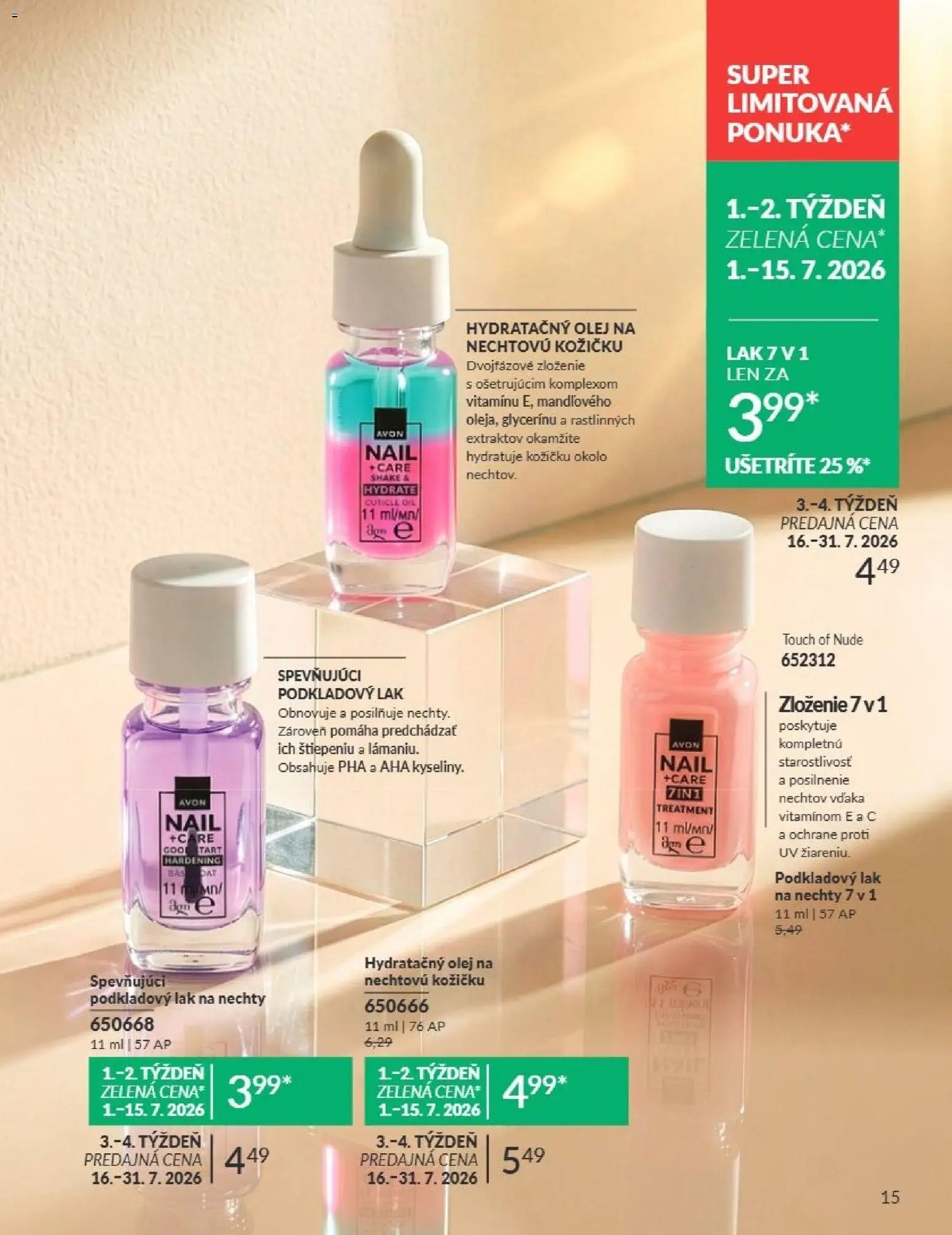 Nové Avon akcie – leták je platný od 01.07.2026 | Strana: 15 | Produkty: Olej, Lak na nechty