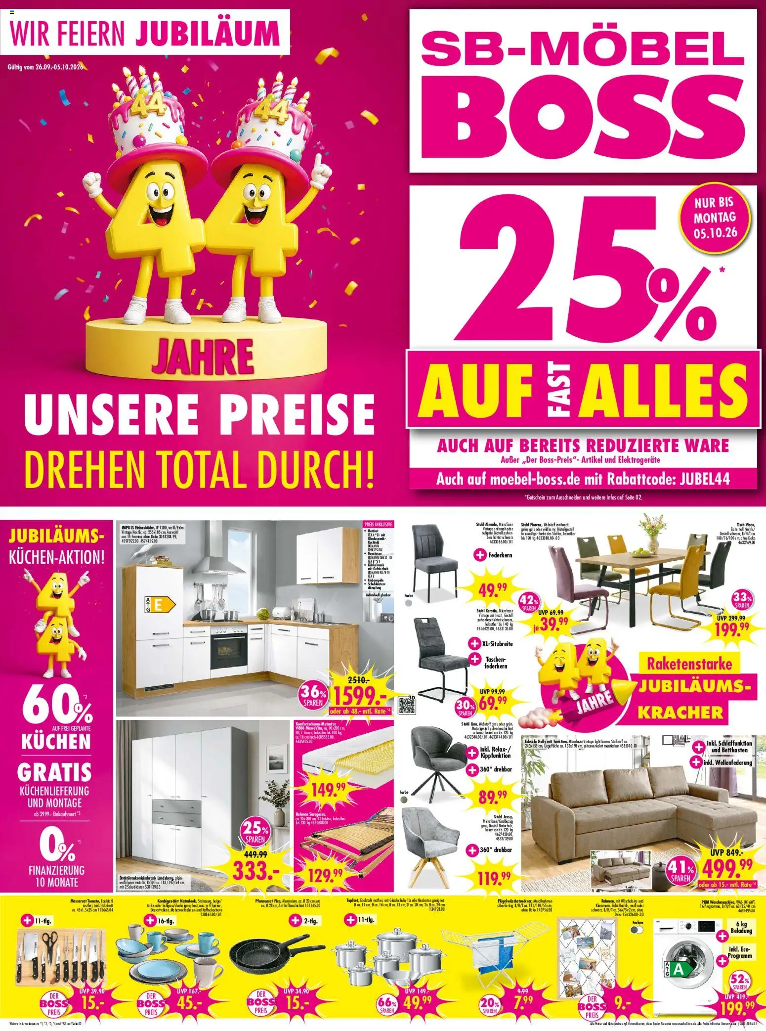 SB Möbel Boss Prospekt – gültig ab 26.09.2026 | Seite: 1 | Produkte: Taschen, Tisch, Kochfeld, Headset