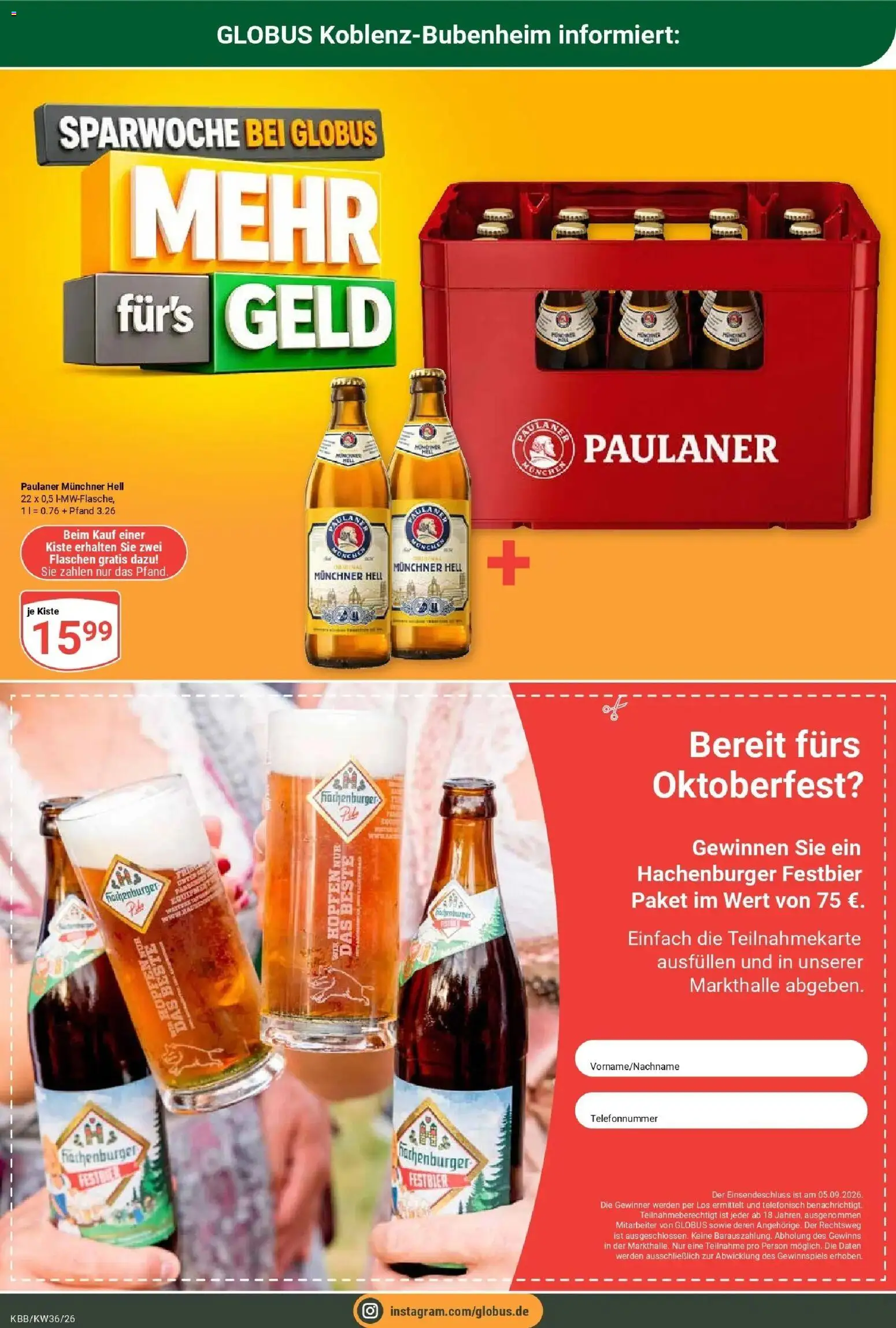 Globus Prospekt Koblenz-Bubenheim (ab 31.08.2026) » Angebote online | Seite: 26 | Produkte: Paulaner