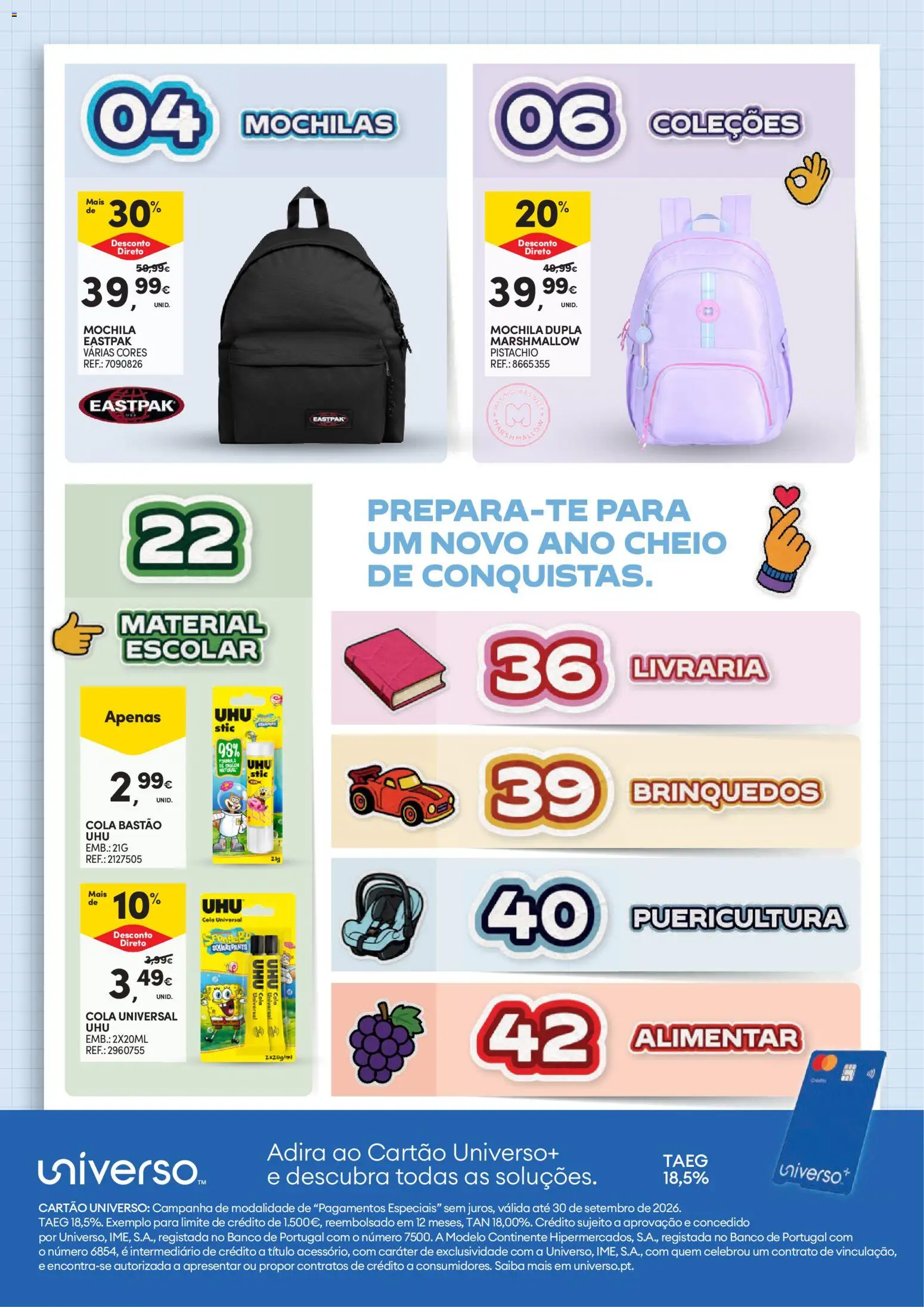 Continente Regresso às Aulas Na escola de toda a gente │ válido de 11/08/2026 | Página: 2 | Produtos: Mochila, Mochilas, Banco, Brinquedos