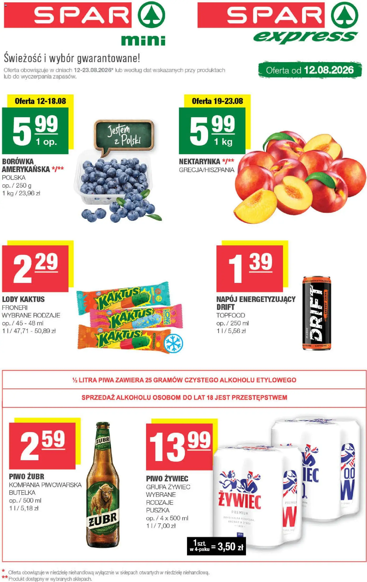Spar gazetka - Mini od 12.08.2026 | Strona: 1 | Produkty: Piwo żubr, Borówka amerykańska, Piwo, Lody