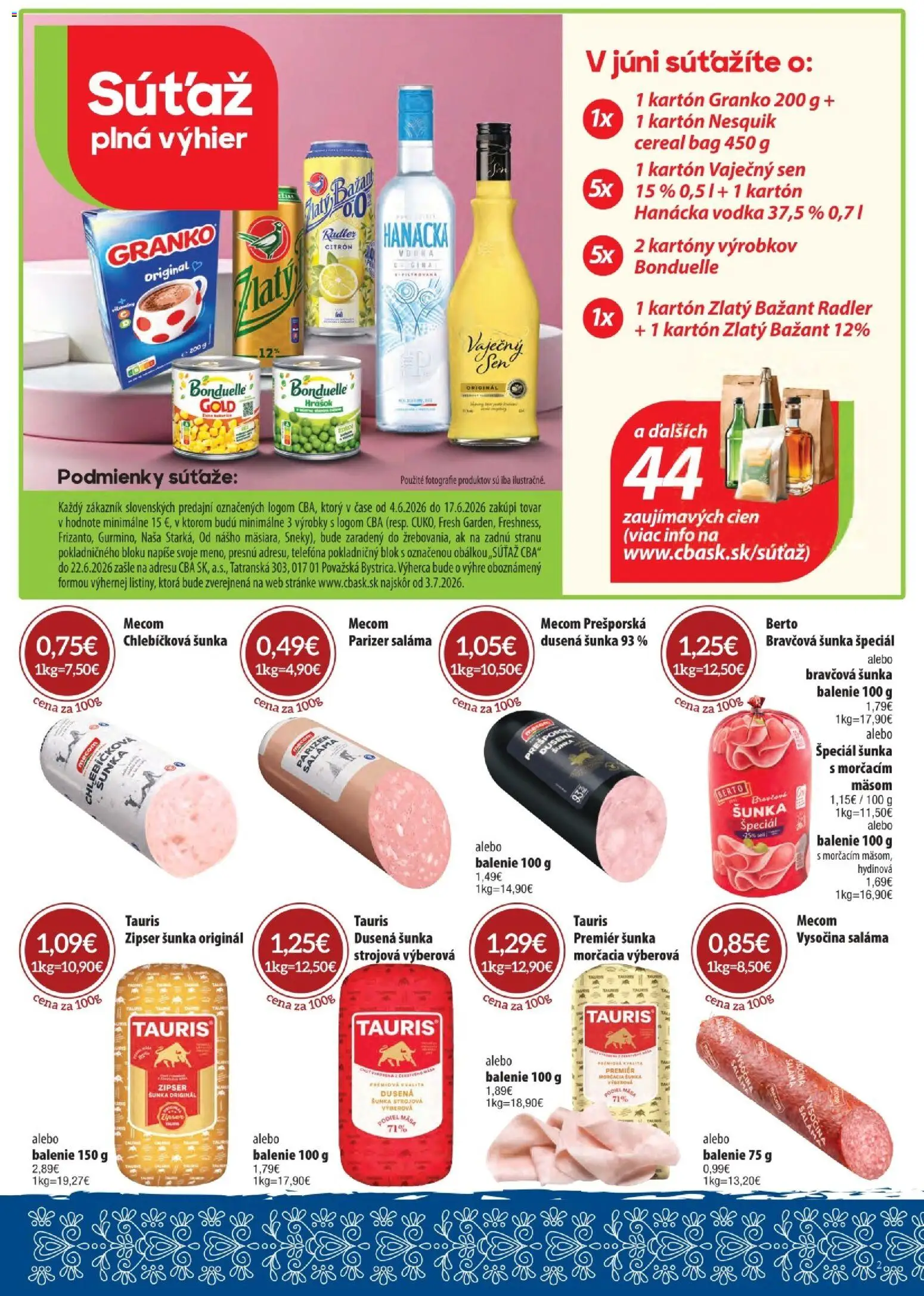 Nové CBA Komfos akcie – leták je platný od 04.06.2026 | Strana: 2 | Produkty: Saláma, Šunka, Radler, Nesquik