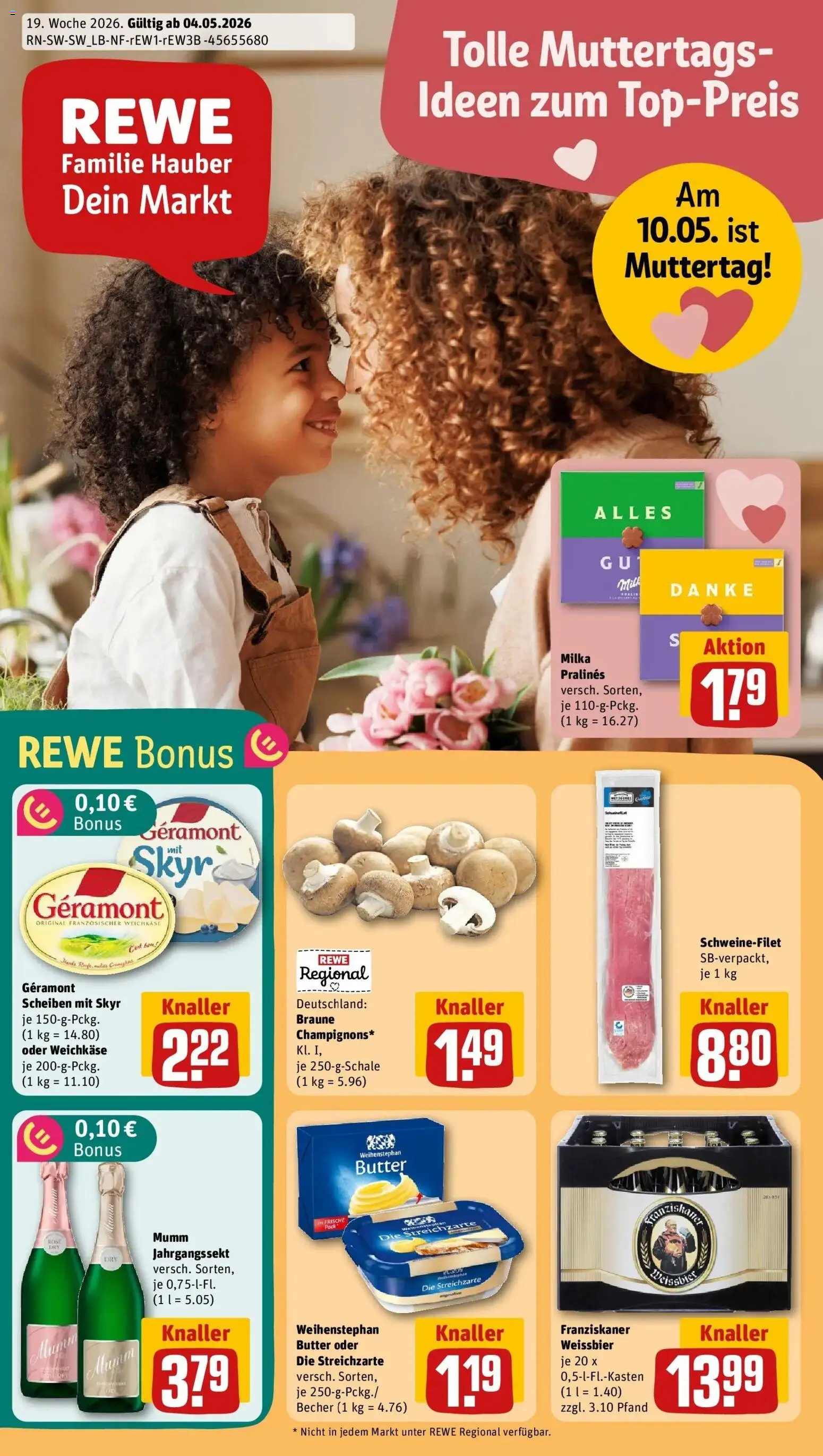 REWE Prospekt ab 04.05.2026 zum Blättern » Angebote | Seite: 1 | Produkte: Milka, Weihenstephan butter, Skyr, Schweinefilet